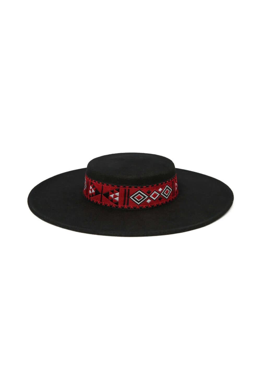 Wide Brim Flat Top Fedora Hat Wool with Armenian Ribbon - Black