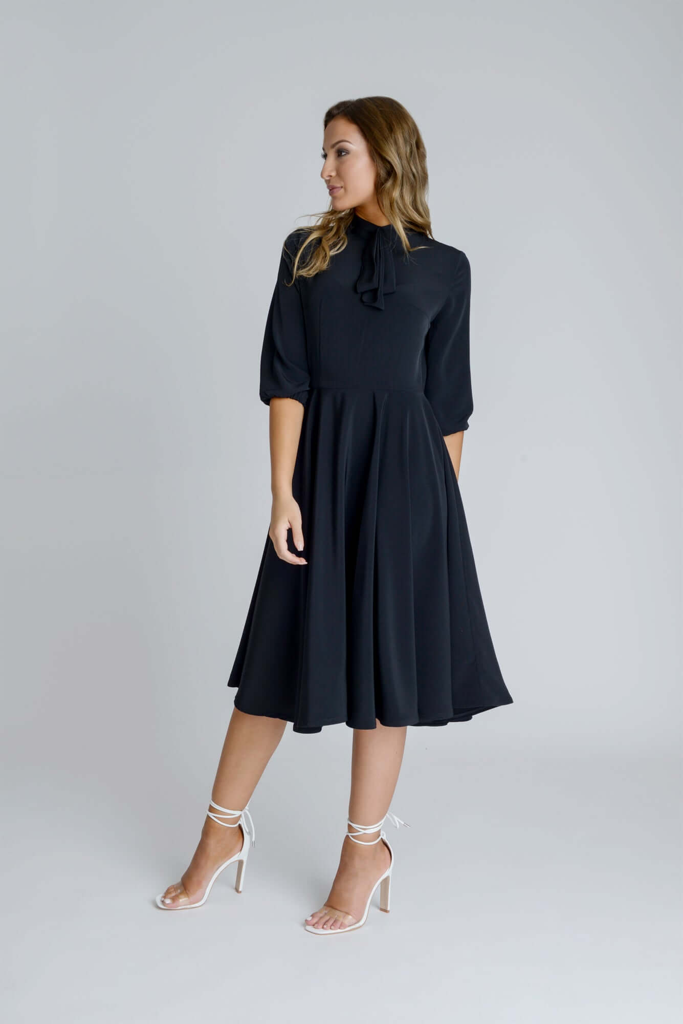 Black Flowy Swing Skater Midi Dress with Neck Bow