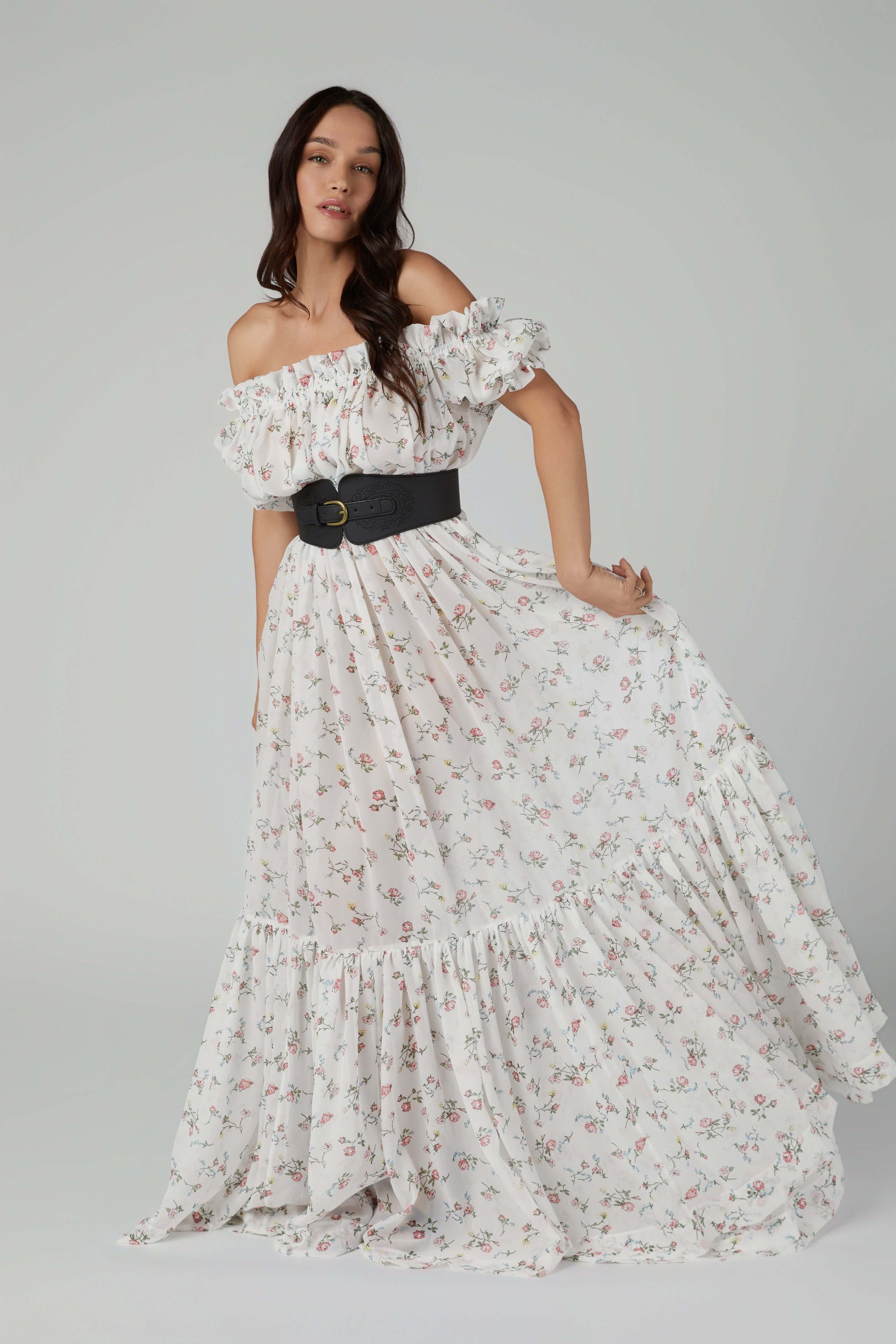 Printed Chiffon Tiered Bardot Dress – Flowy Silhouette with Leather Belt & Bronze Buckle