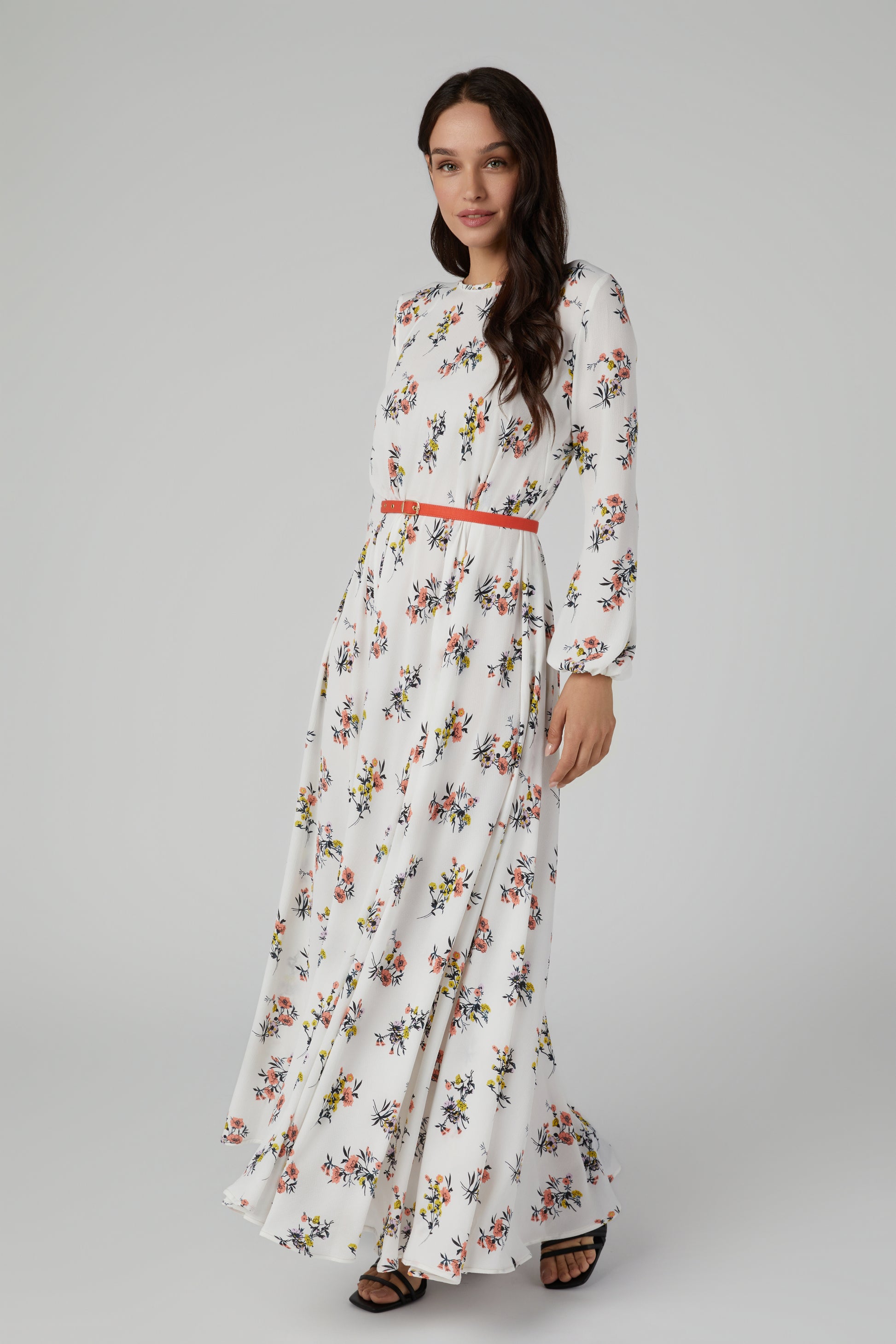 Floral Printed Crinke Chiffon Maxi Dress – Long Sleeves and Belt