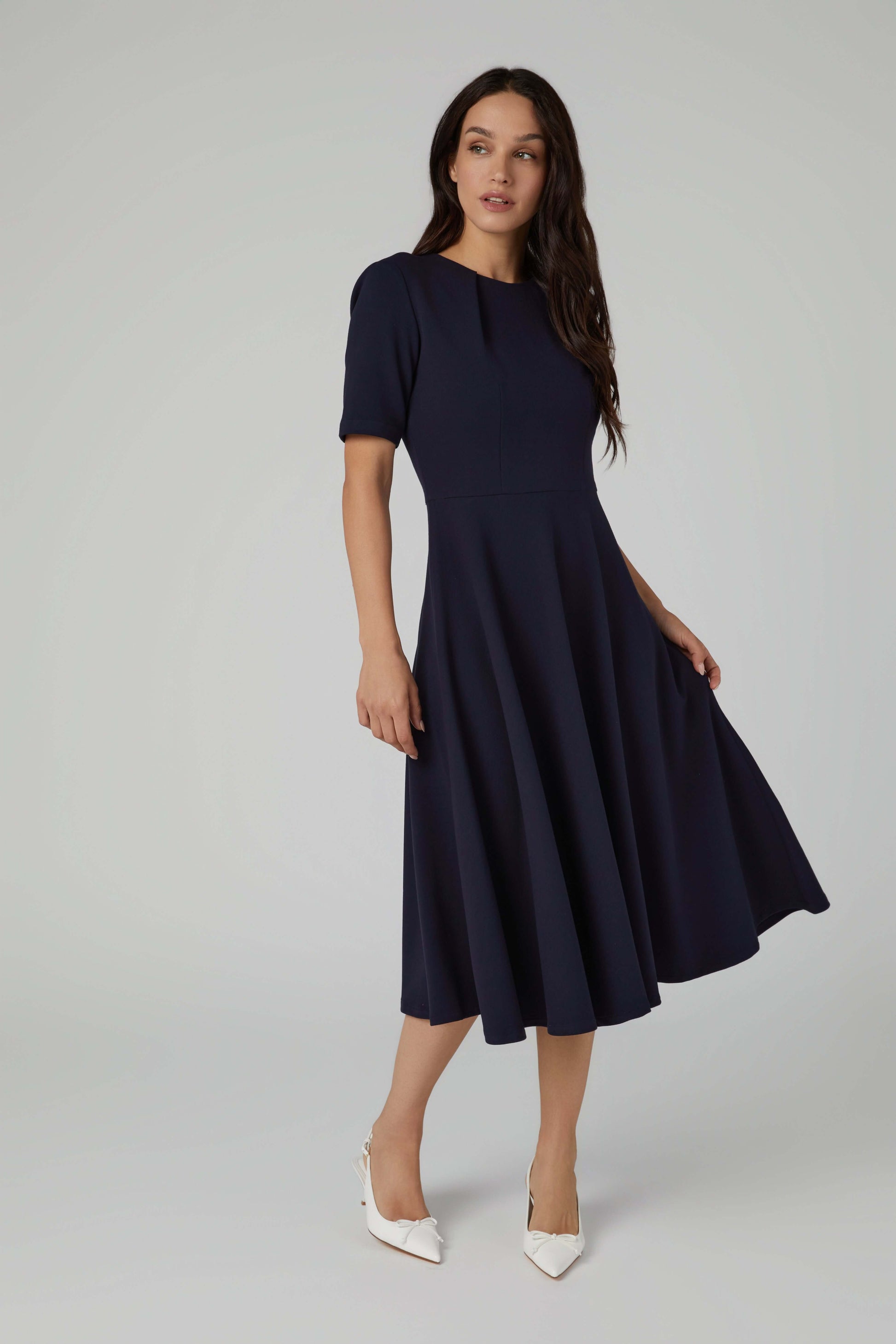 Fit and Flare Dress – Pleated Neckline & Short Sleeves in Ponte Piqué