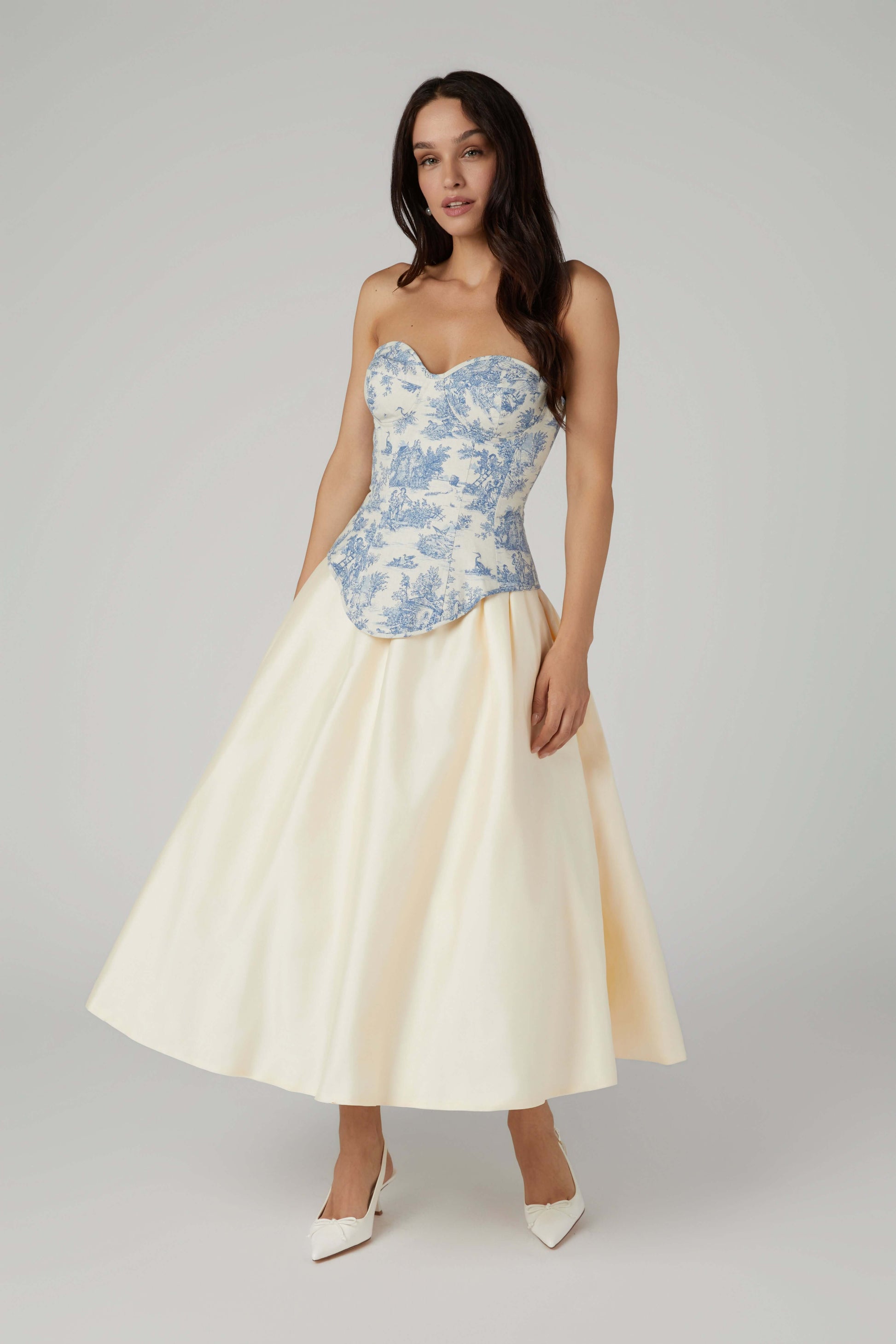 Blue Toile Corset Top – Strapless Boned Bustier in French Pastoral Print - Azure