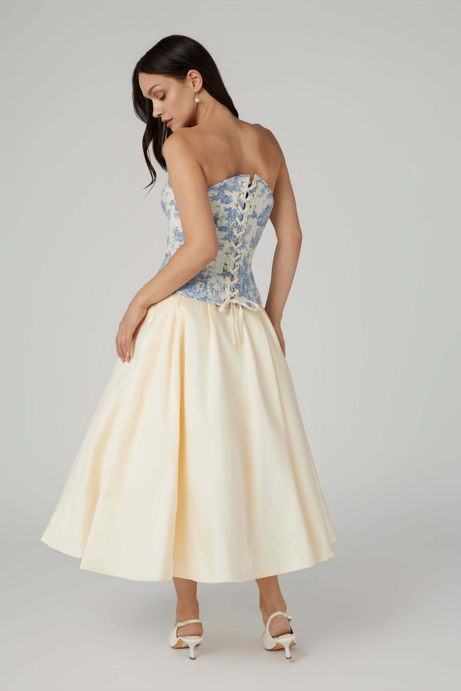 Blue Toile Corset Top – Strapless Boned Bustier in French Pastoral Print - Azure