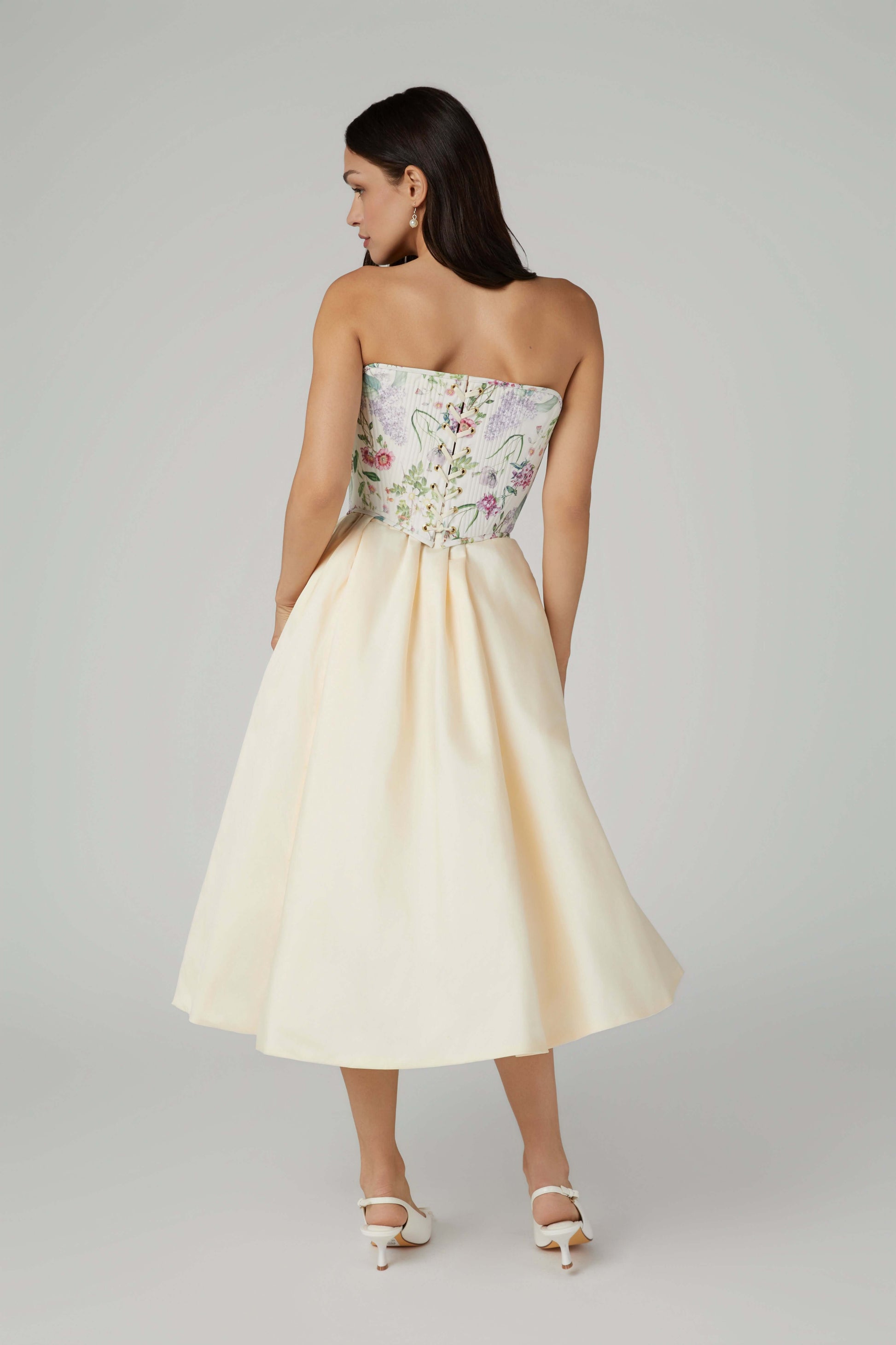 kew gardens inspired ivory corset with laceup back floral print