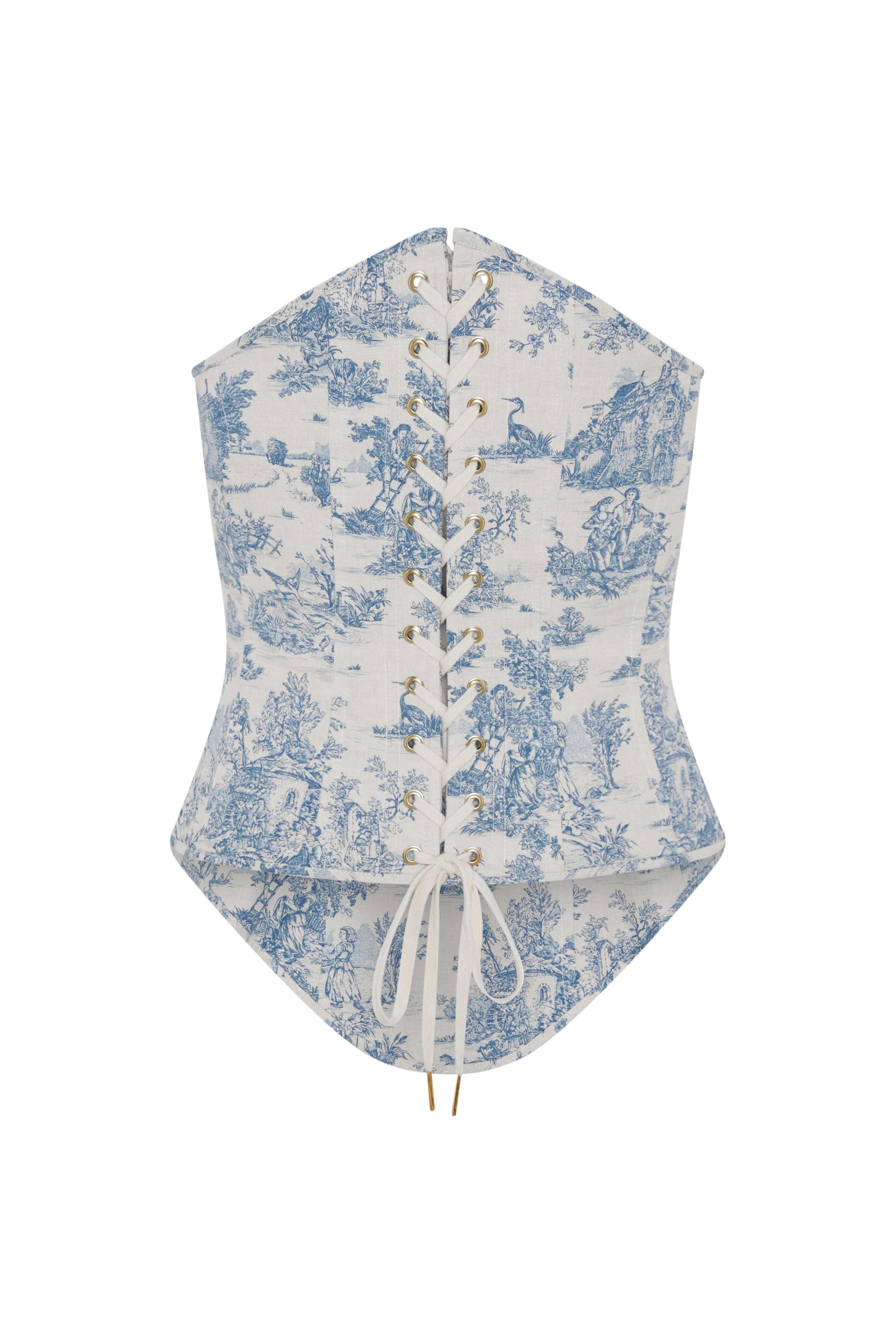 Blue Toile Corset Top – Strapless Boned Bustier in French Pastoral Print - Azure