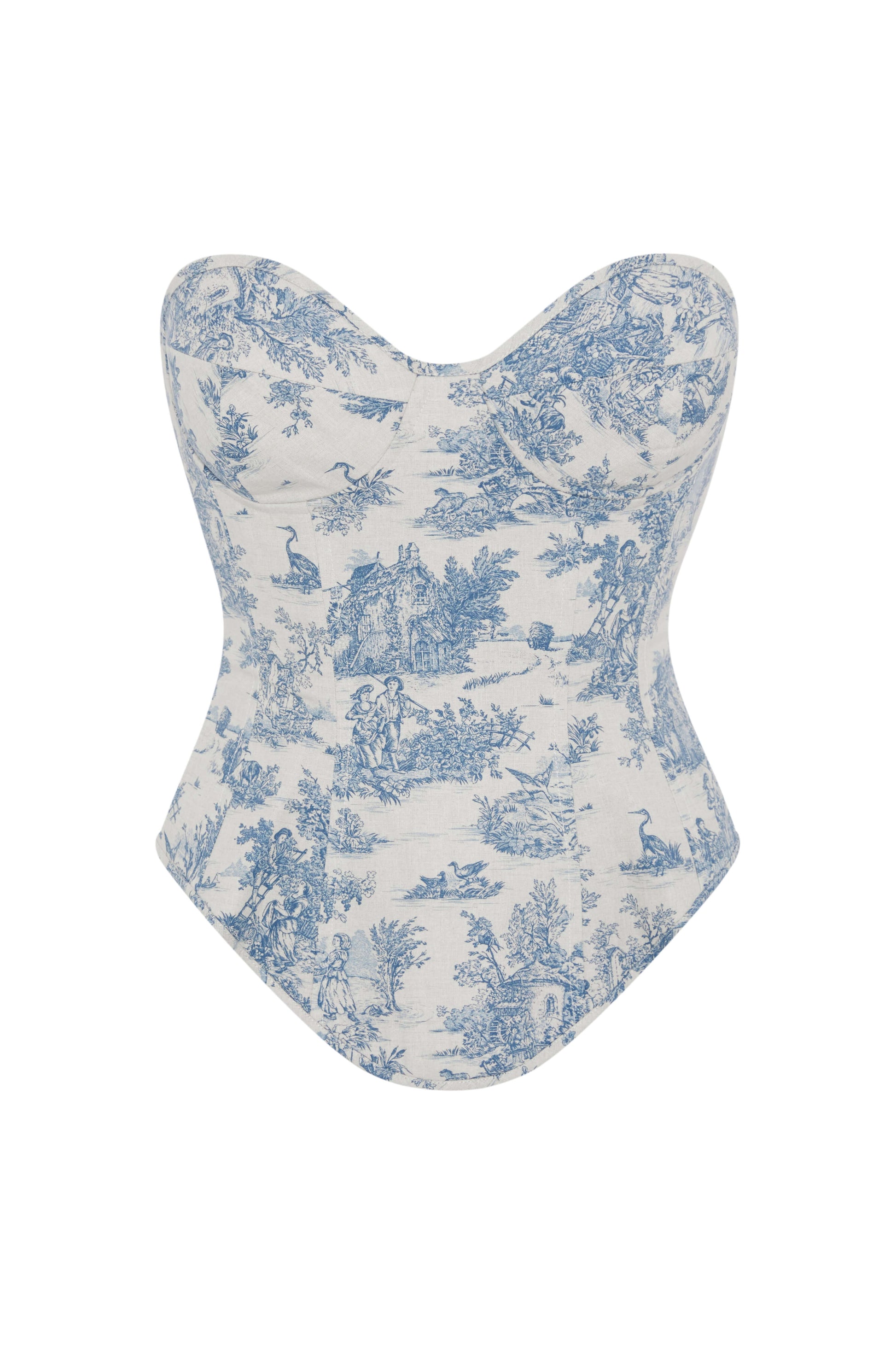 Blue Toile Corset Top – Strapless Boned Bustier in French Pastoral Print - Azure