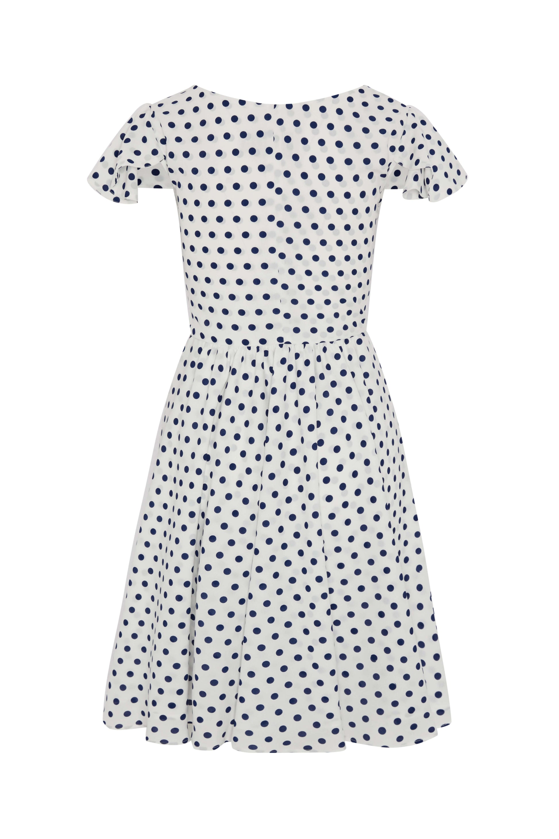 Navy & White Polka Dot Fit and Flare Dress with Flared Cap Sleeves - Crepe de Chine
