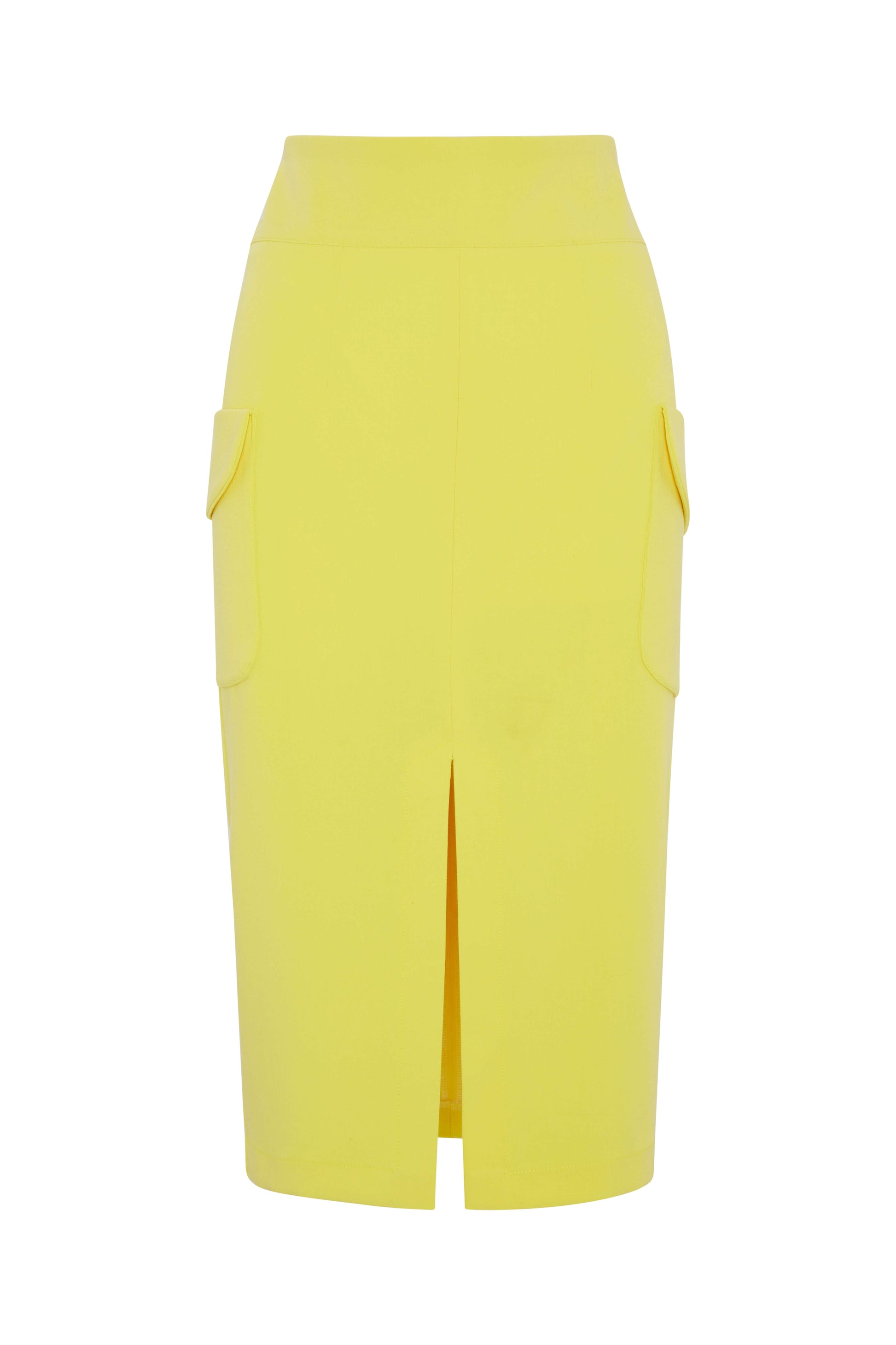 Tailored Yellow Midi Pencil Skirt – Front Slit & Statement Side Patch Pockets (Lined)