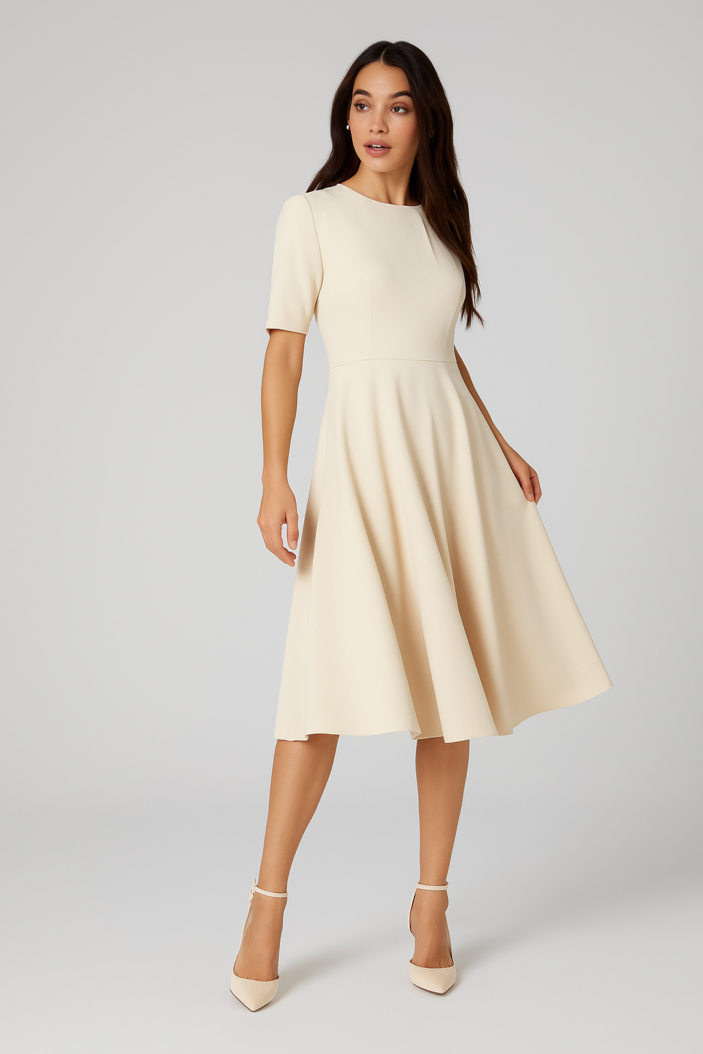 Fit and Flare Dress – Pleated Neckline & Short Sleeves in Ponte Piqué