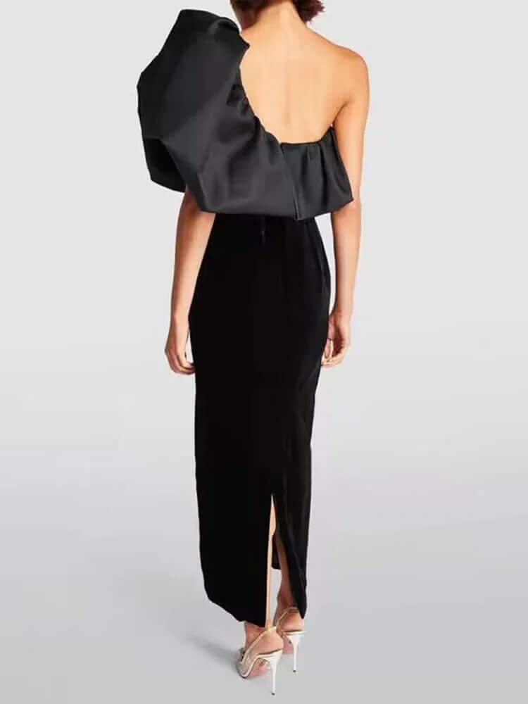 One-Shoulder Black Velvet & Satin Formal Evening Ankle Length Midaxi Gown