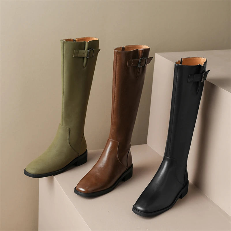 Knee High Leather Flat Equestrian Riding Boots Round Toe Side Buckle - Black