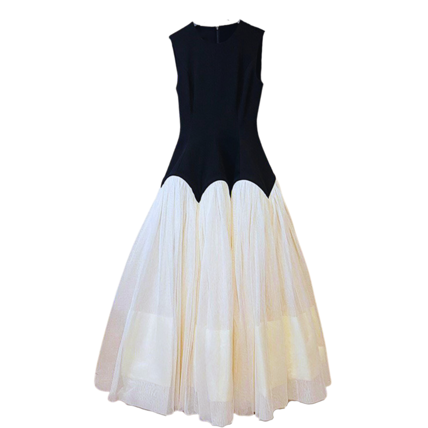 Black and Cream Sleeveless Dress with a Tulle Skirt
