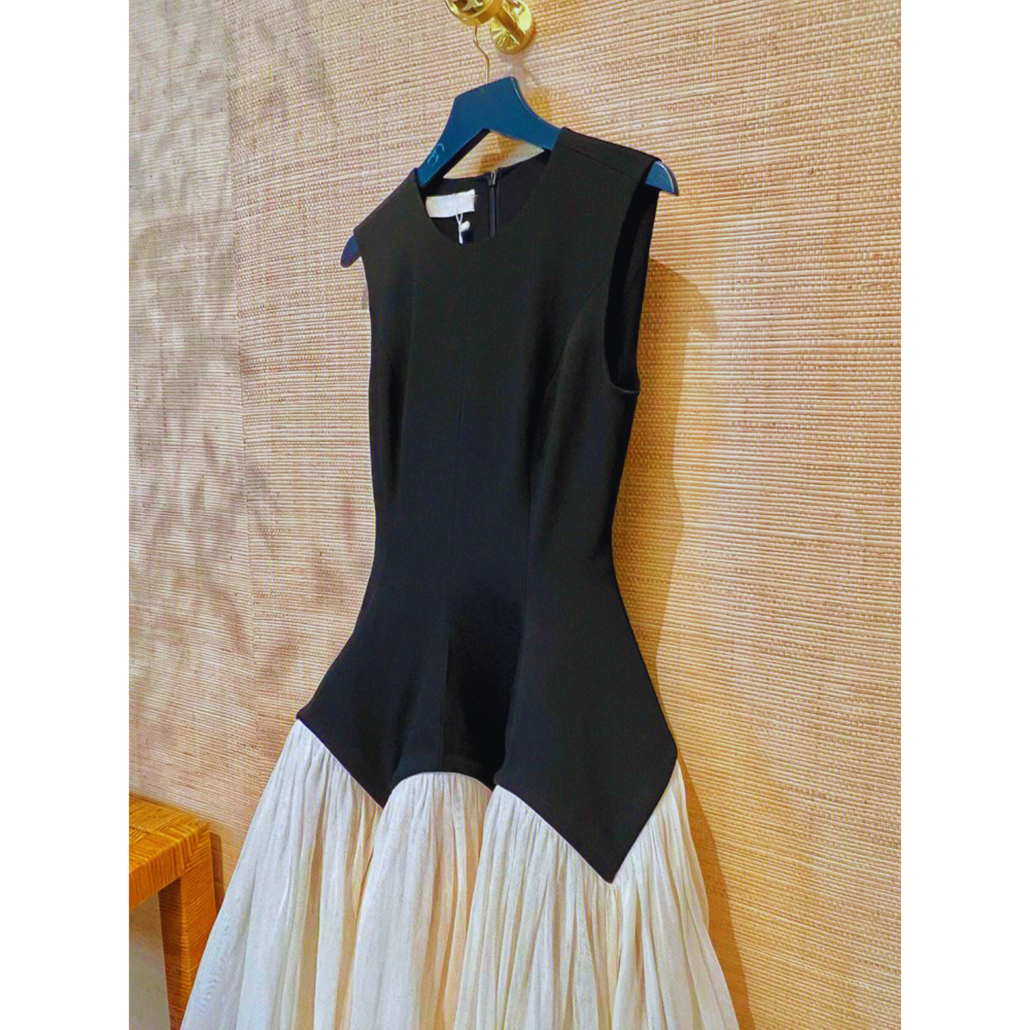 Black and Cream Sleeveless Dress with a Tulle Skirt