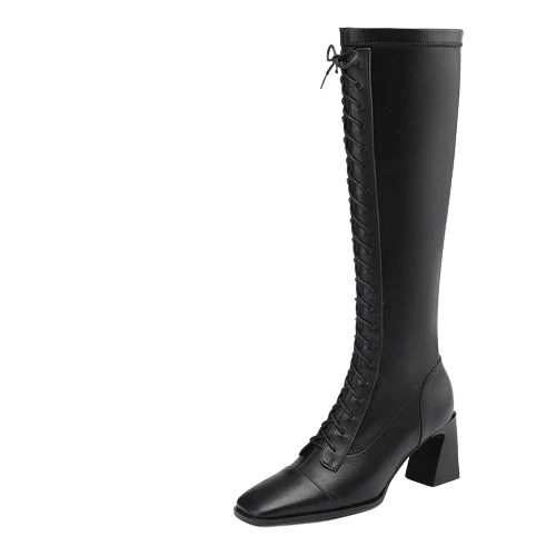 Kniehohe Stiefel aus Leder mit Blockabsatz und quadratischer