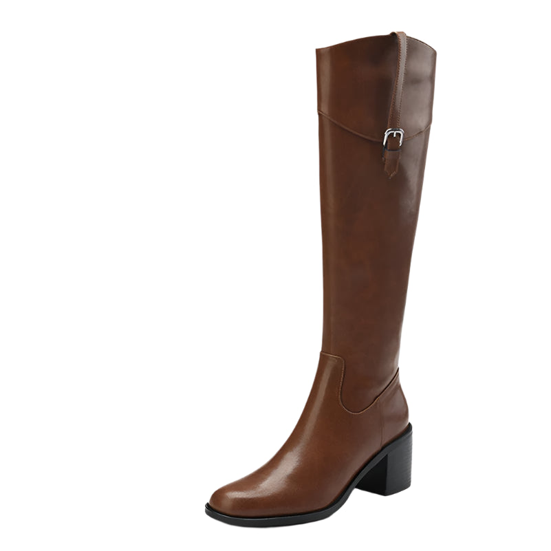 zalinah white Leather Knee-High Riding Boots with Round Toe Thick High Heel & Buckle Detail