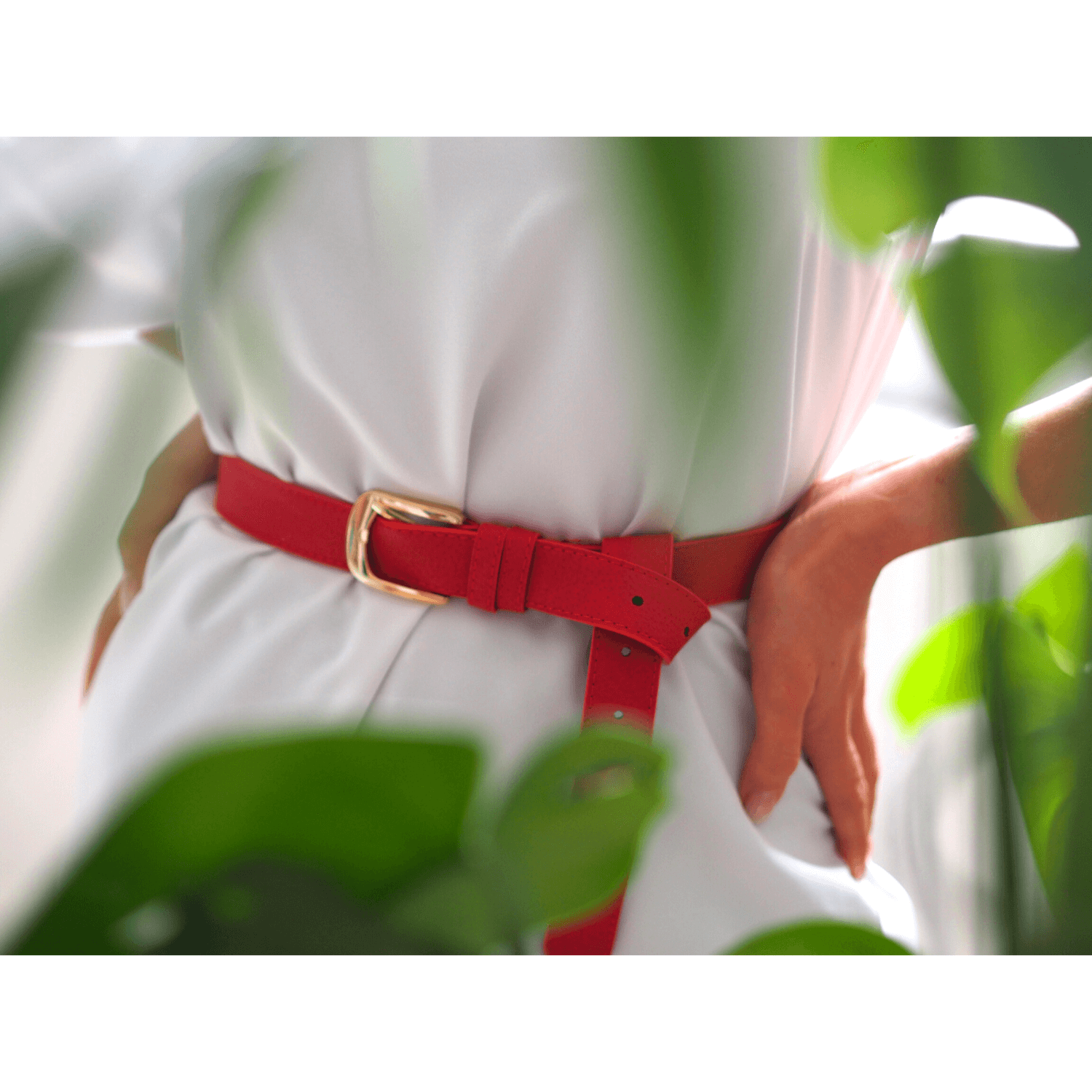 Red Belt with a Gold Buckle Faux Leather