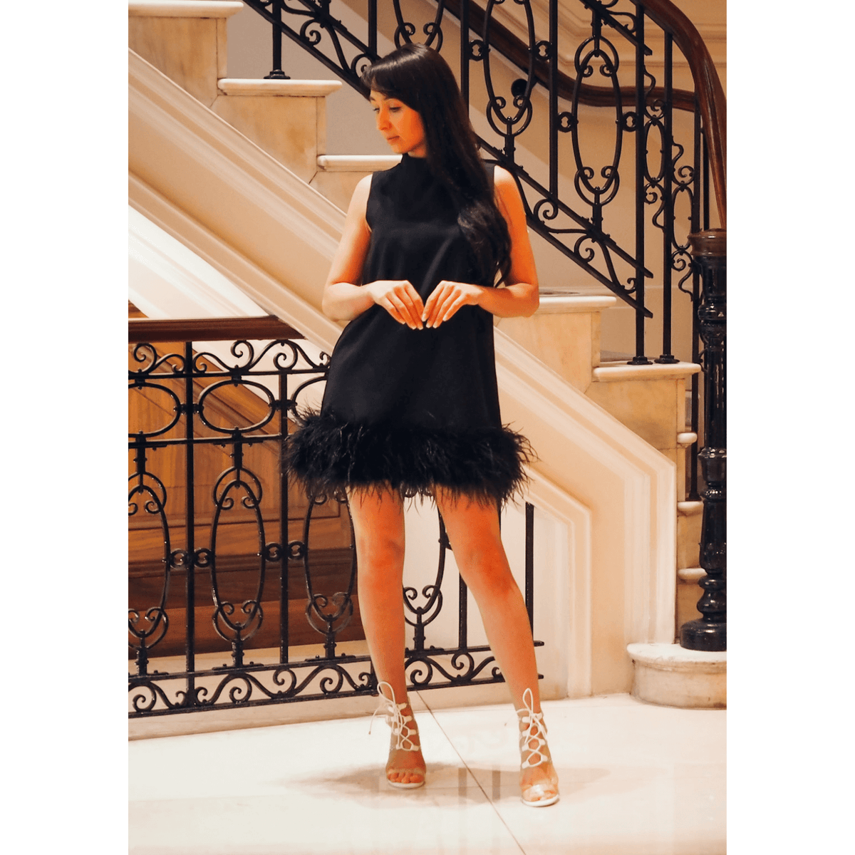 Black feather trim mini dress cheap