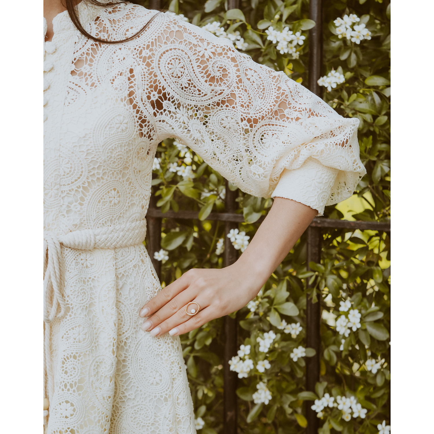 PAISLEY CROCHET LACE MIDAXI WITH LANTERN SLEEVES AND BRAIDED BELT - NEUTRALS