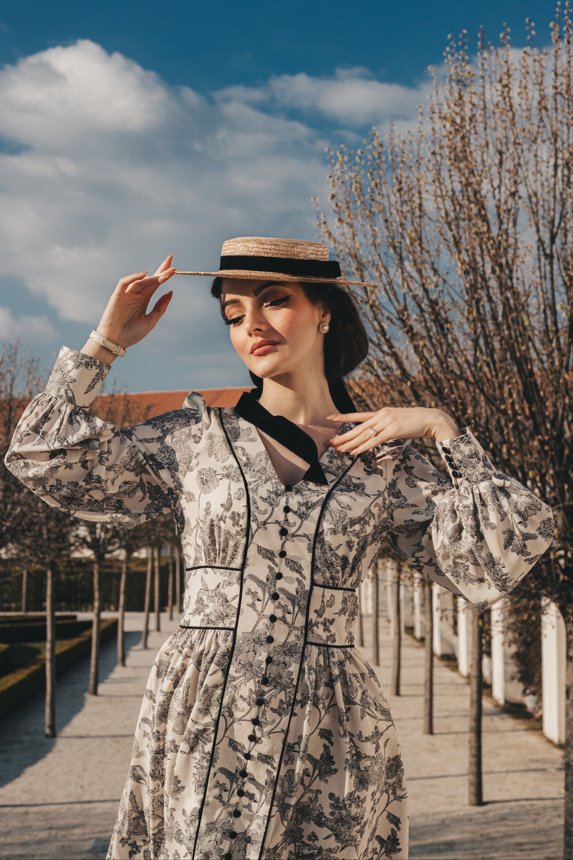 V-neck Printed Aline Dress With Long Puffed Sleeves and Covered Buttons snova vintage