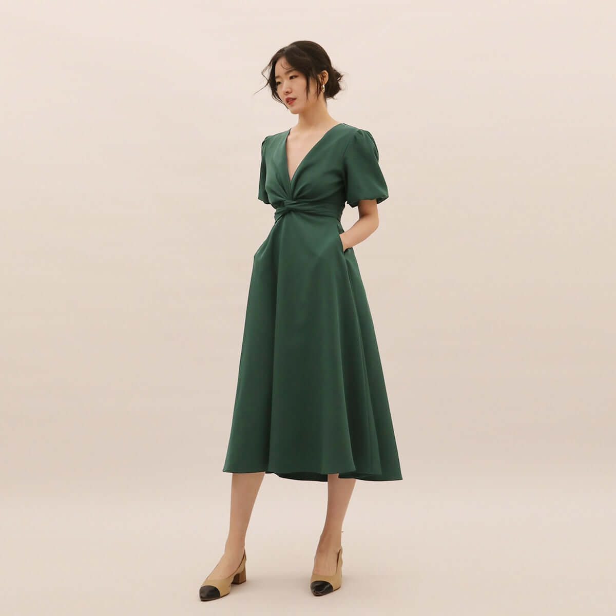 Dark Green Wrap Midi With Puff Sleeves and Side Pockets