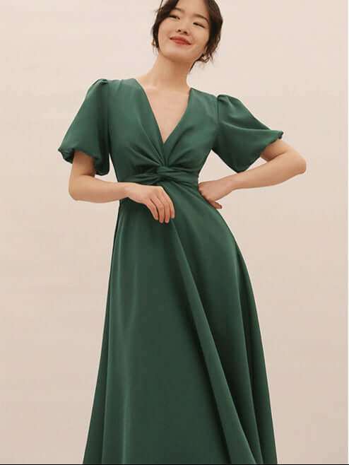 Dark Green Wrap Midi With Puff Sleeves and Side Pockets
