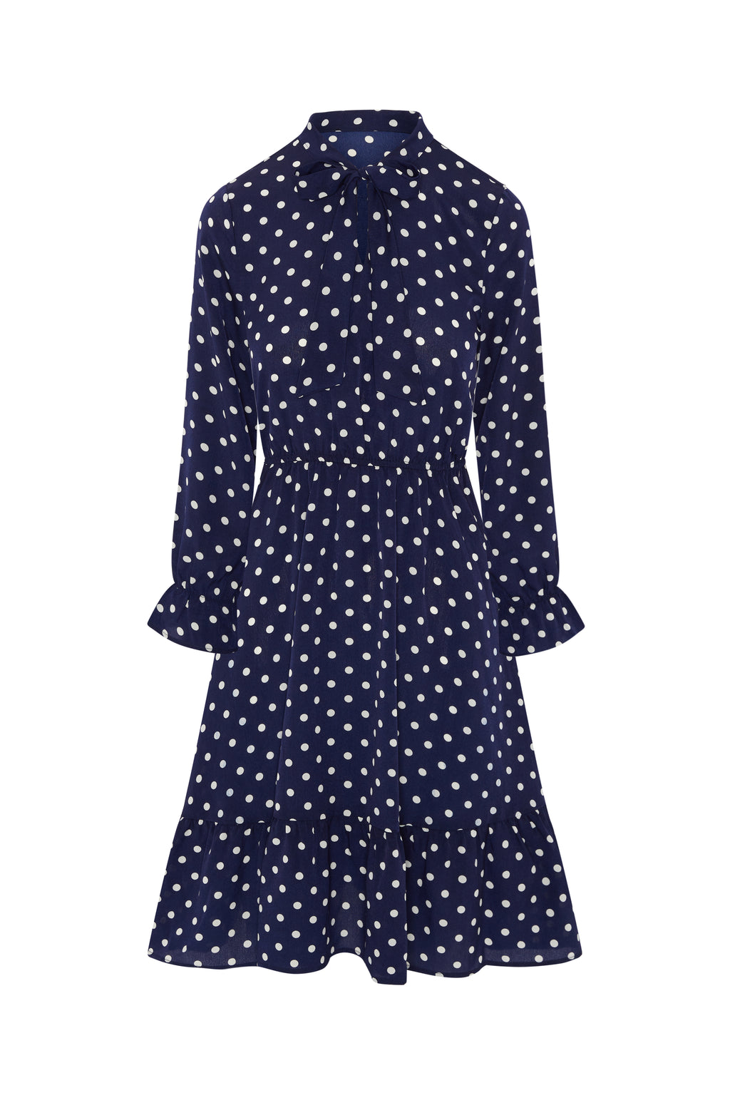 Silk Polka Dot Midi Dress With Long Sleeves in Navy Blue