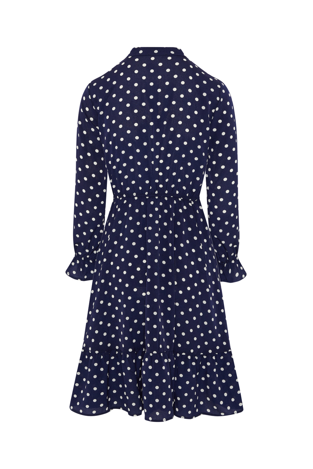 Silk Polka Dot Midi Dress With Long Sleeves in Navy Blue