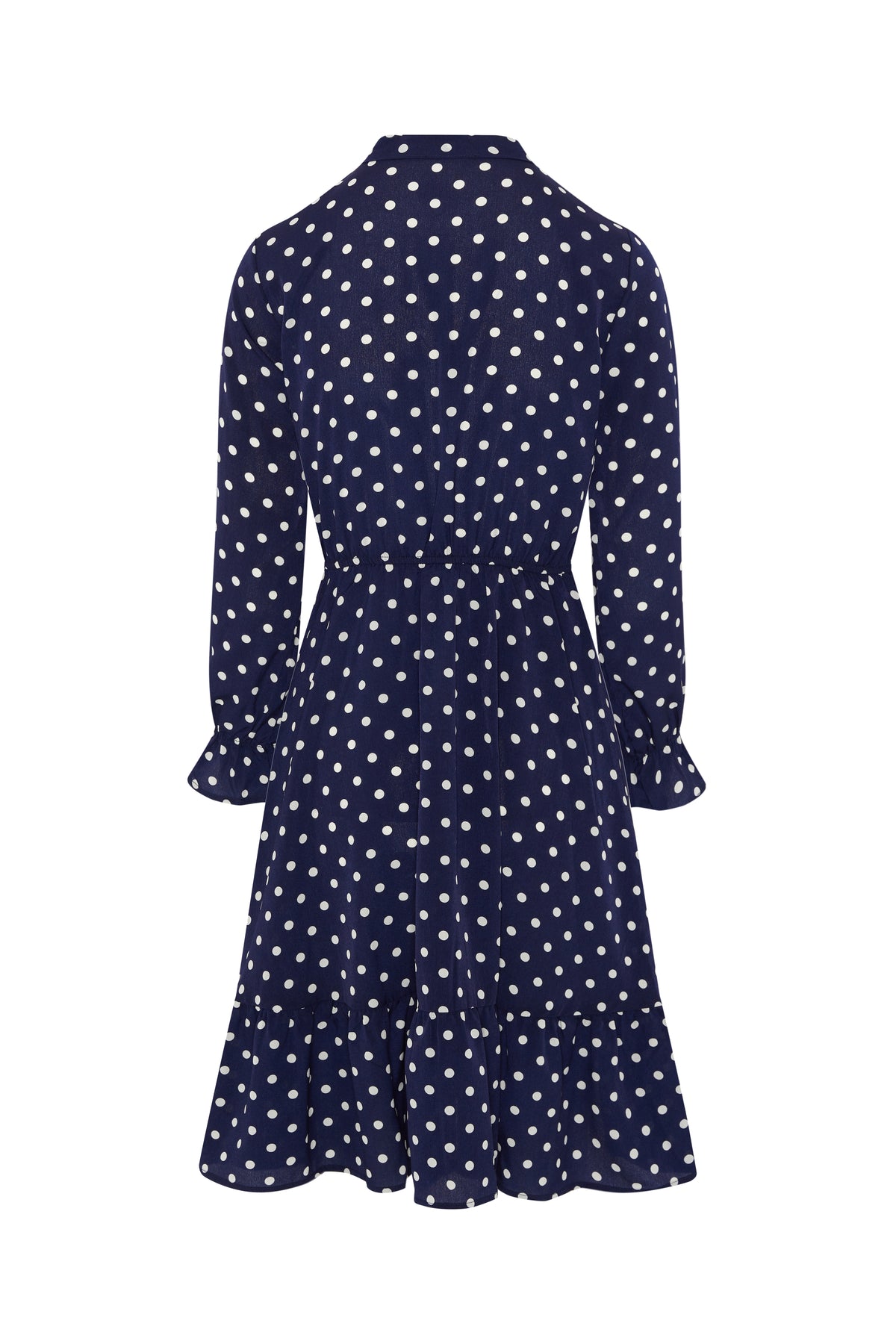 Silk Polka Dot Midi Dress With Long Sleeves in Navy Blue