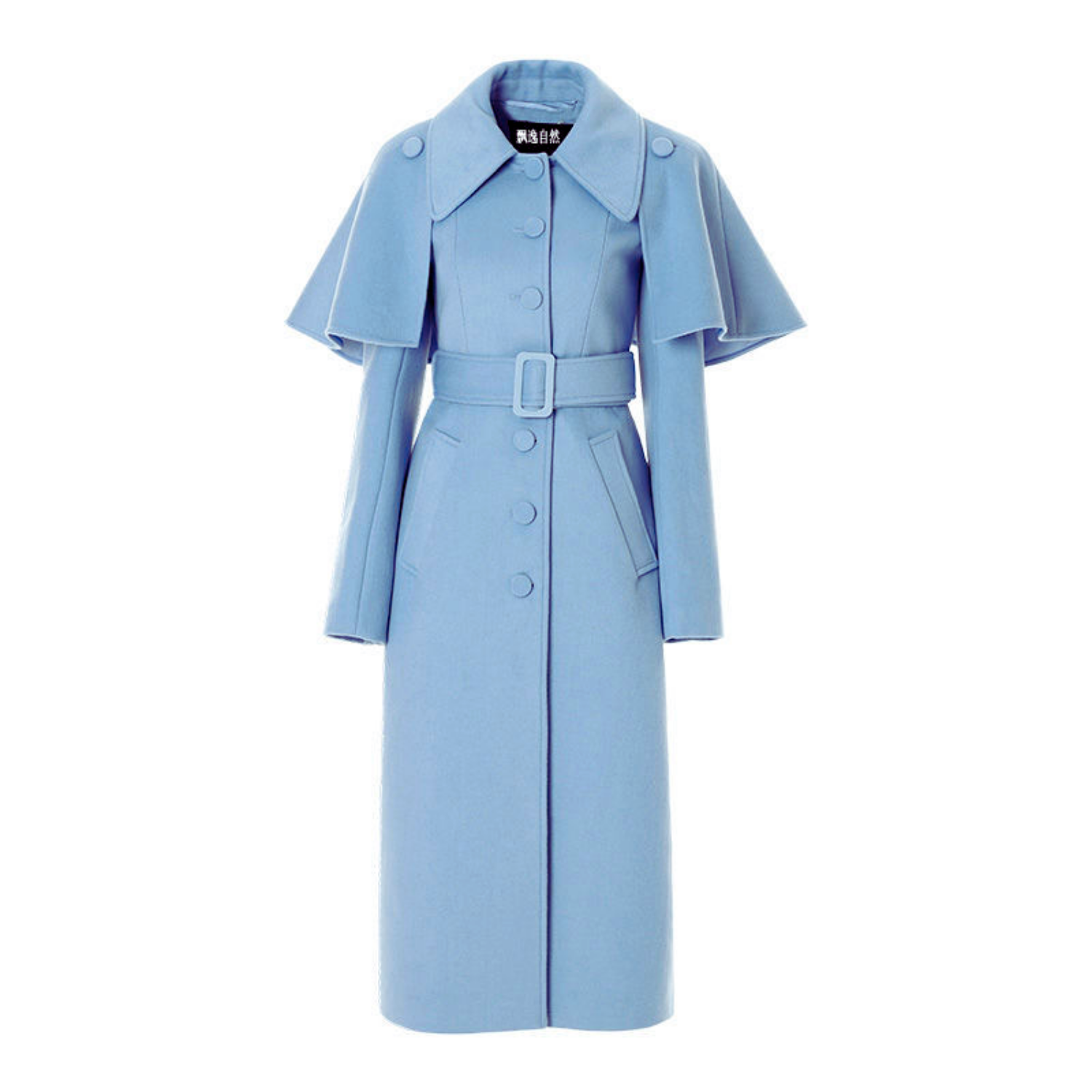 Woolen Mid Length Baby Blue Coat With Removable Cape Belt and High Neck Collar