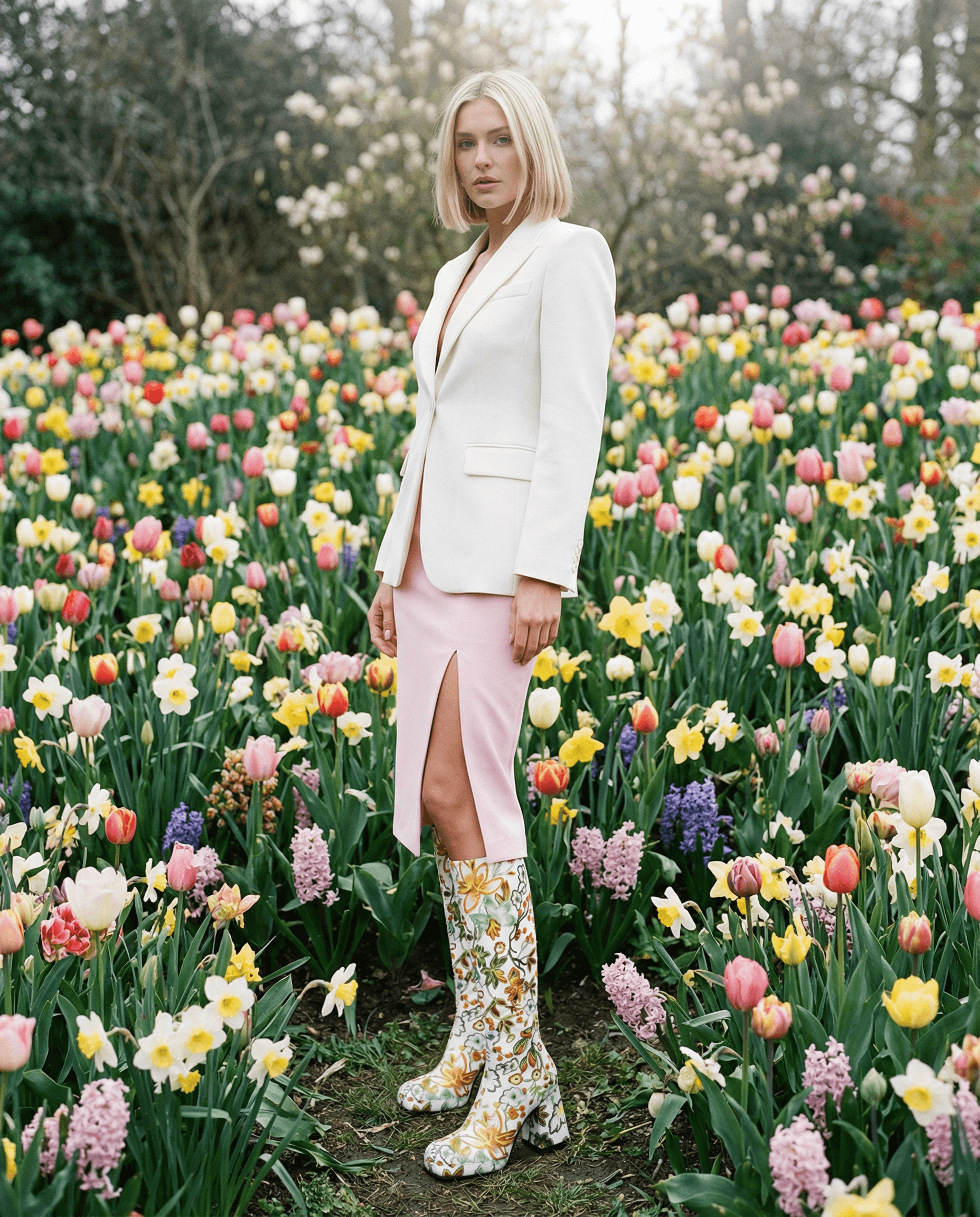 Floral Knee High Platform Boots with Block Heel