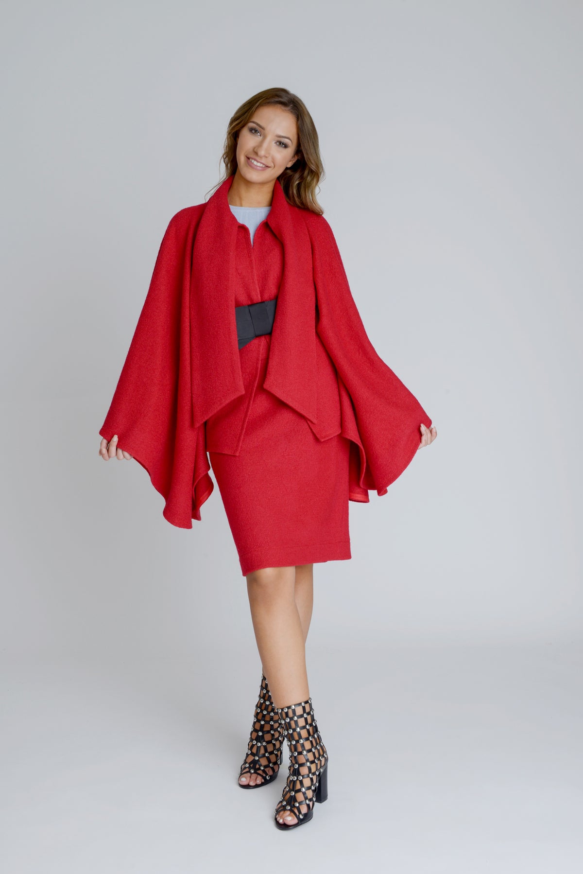 Wool Cape Coat With Elastic Bow Belt in Red