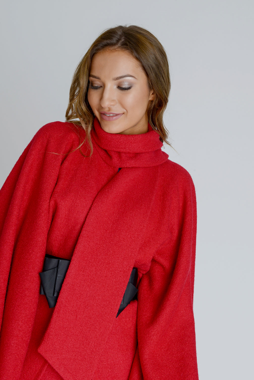 Wool Cape Coat With Elastic Bow Belt in Red