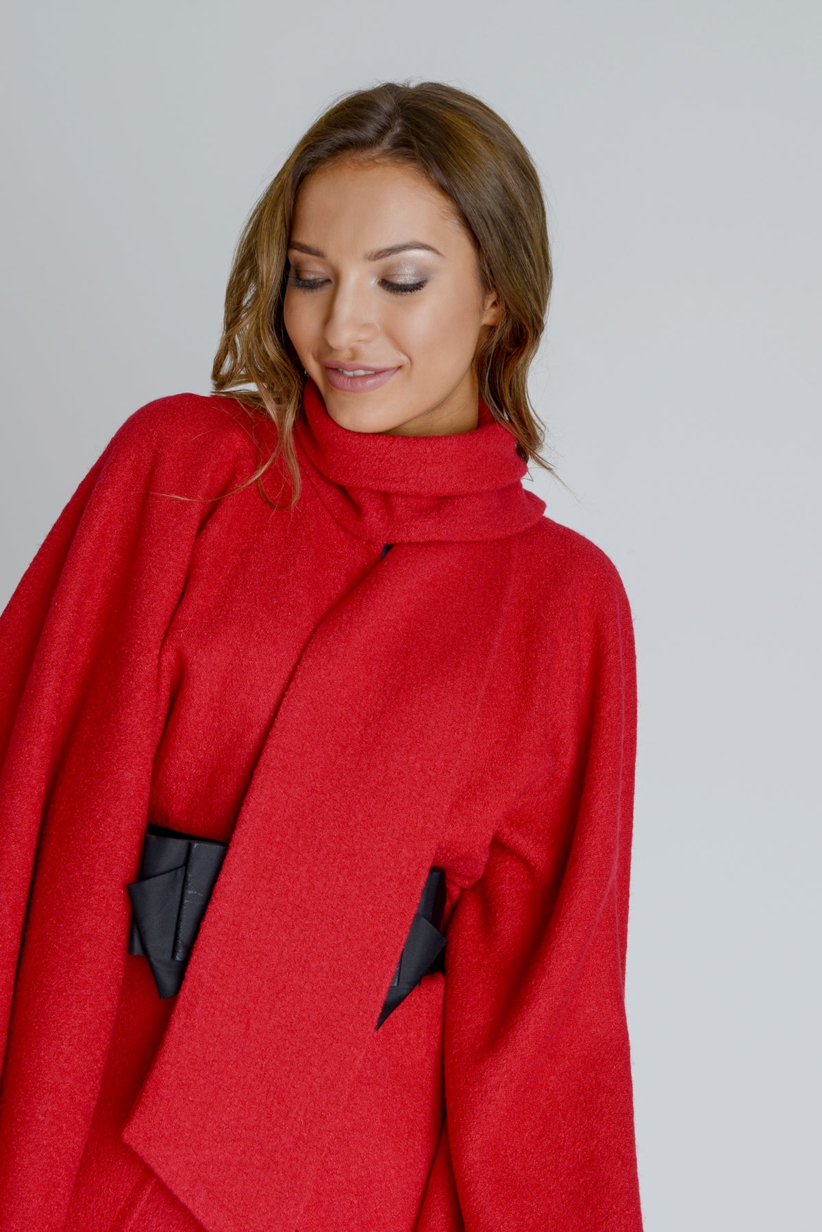 Wool Cape Coat With Elastic Bow Belt in Red