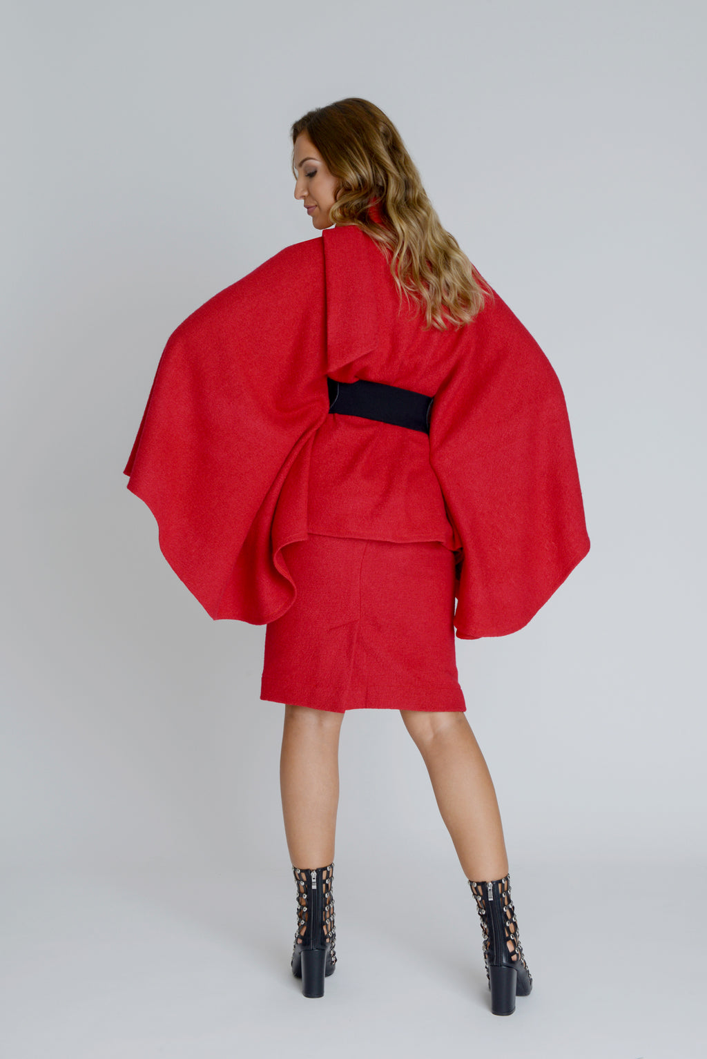 Wool Cape Coat With Elastic Bow Belt in Red