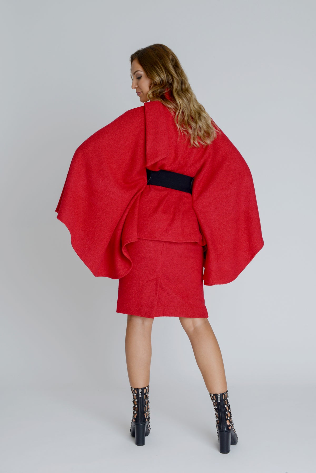 Wool Cape Coat With Elastic Bow Belt in Red