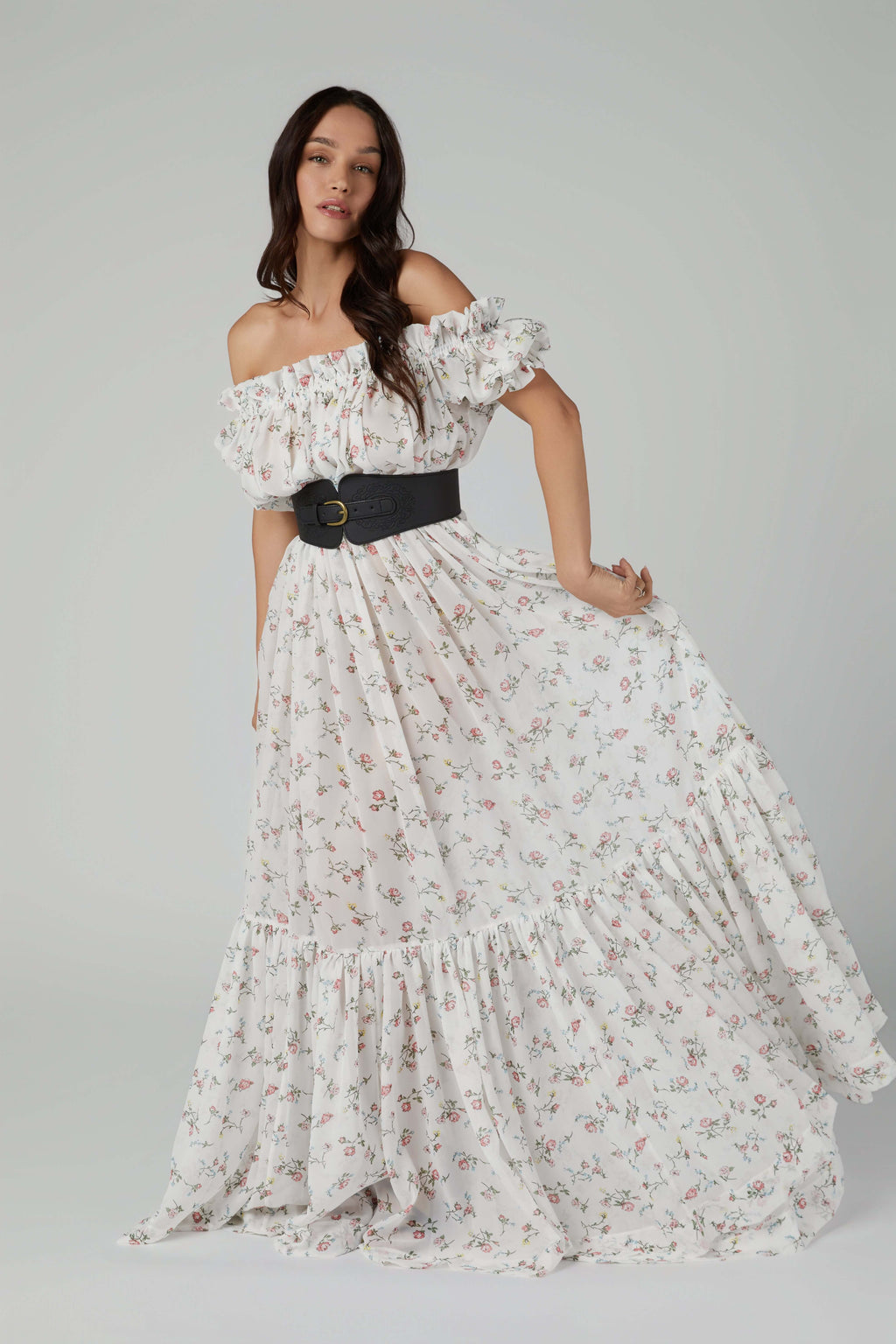 Printed Chiffon Tiered Bardot Dress – Flowy Silhouette with Leather Belt & Bronze Buckle