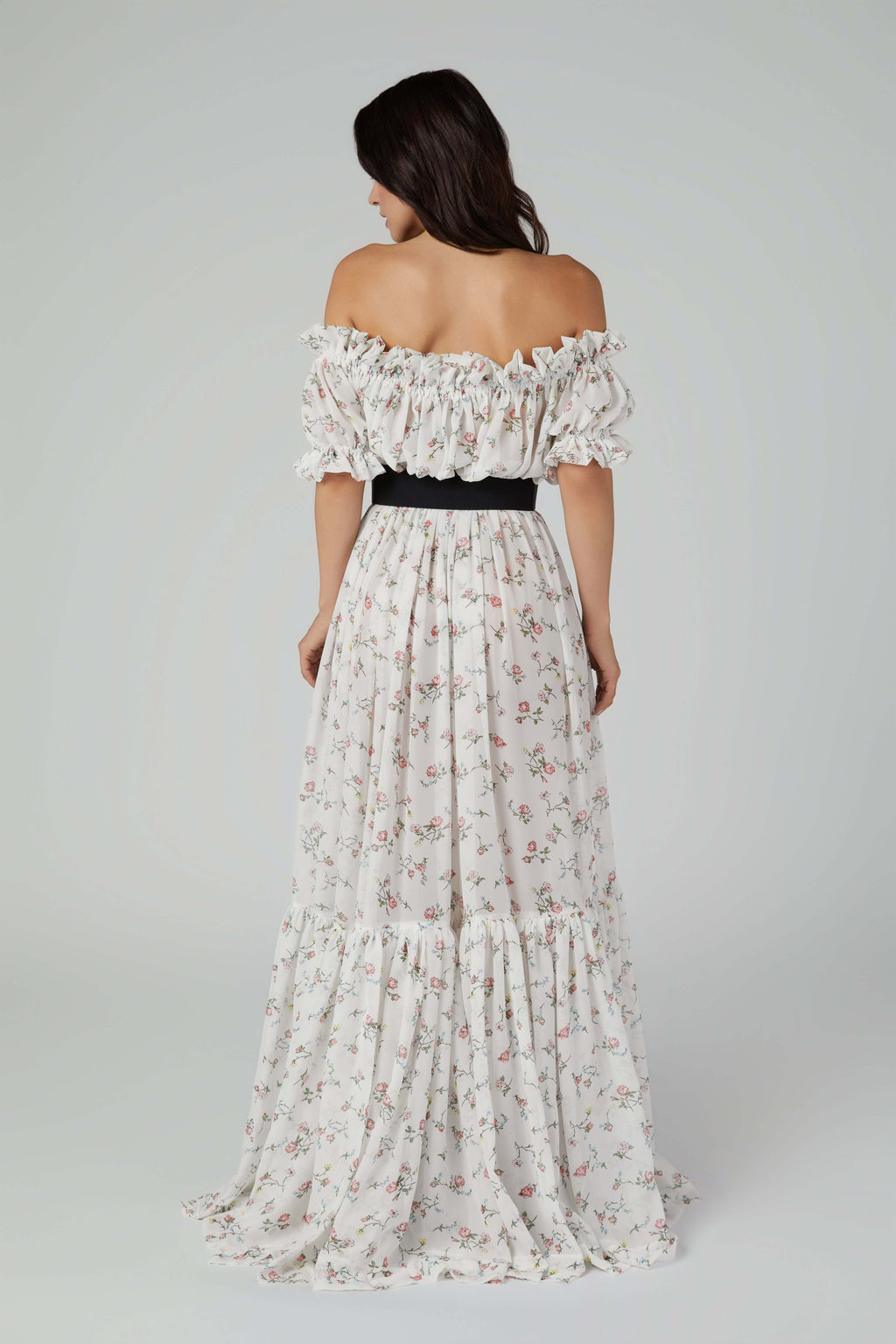 Printed Chiffon Tiered Bardot Dress – Flowy Silhouette with Leather Belt & Bronze Buckle