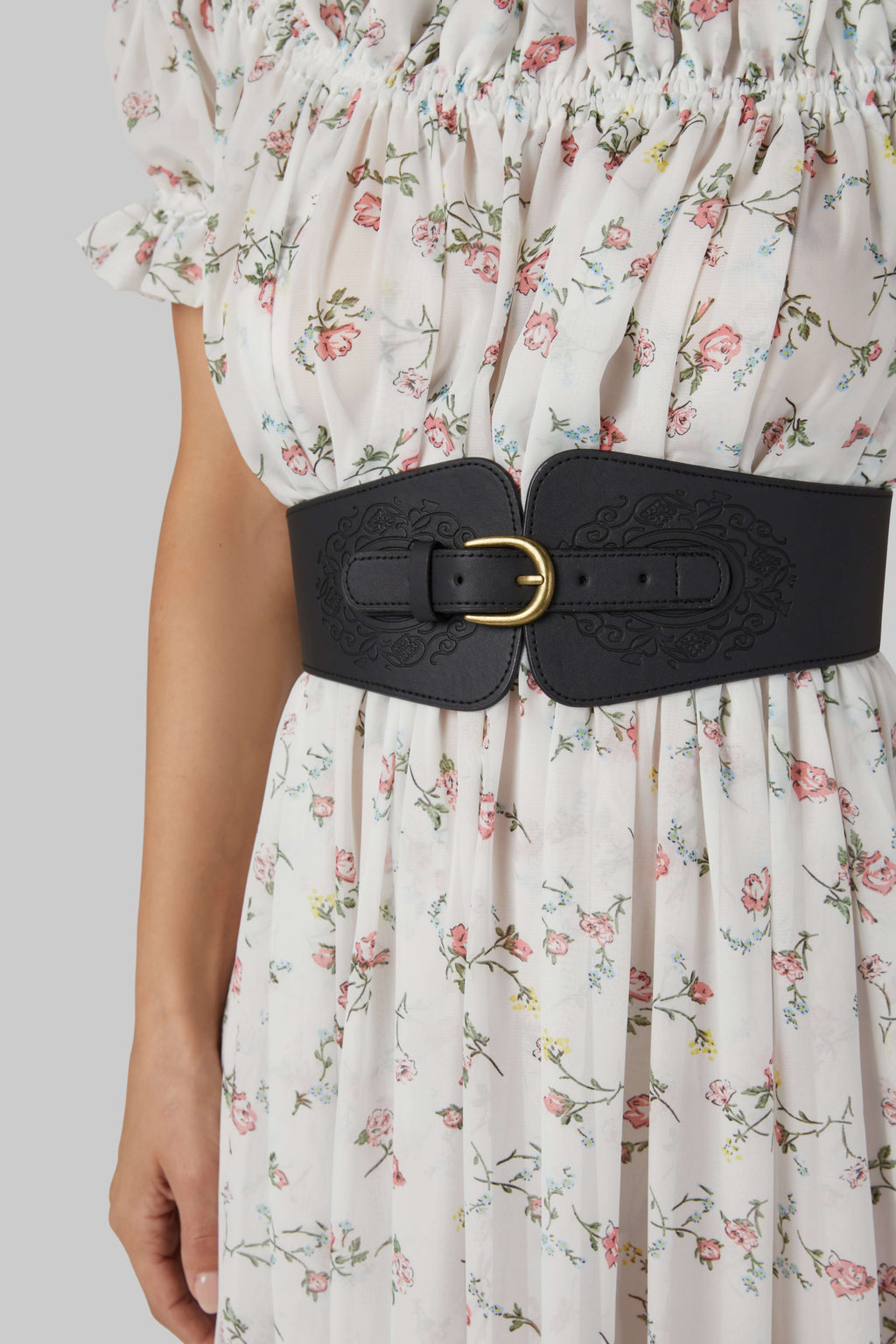 Printed Chiffon Tiered Bardot Dress – Flowy Silhouette with Leather Belt & Bronze Buckle
