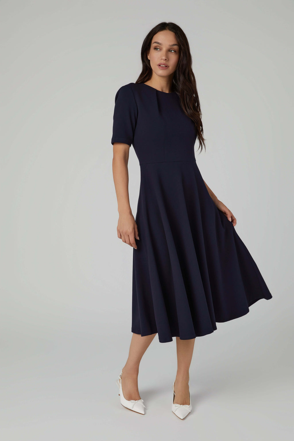 Fit and Flare Dress – Pleated Neckline & Short Sleeves in Ponte Piqué