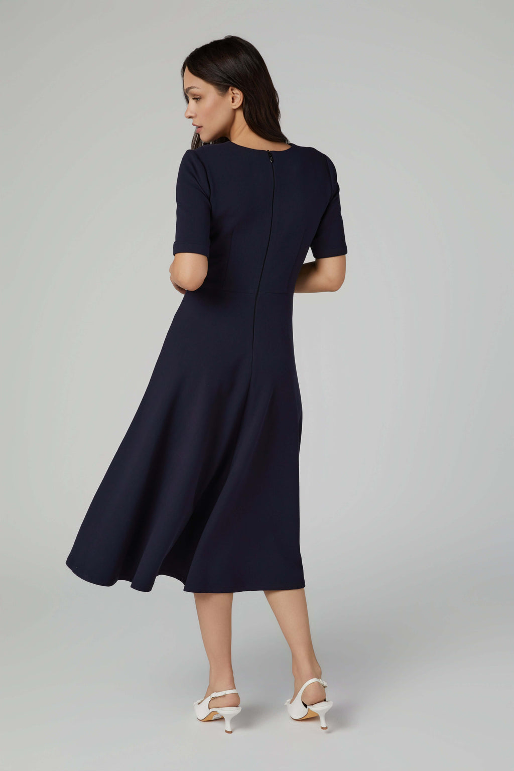 Fit and Flare Dress – Pleated Neckline & Short Sleeves in Ponte Piqué
