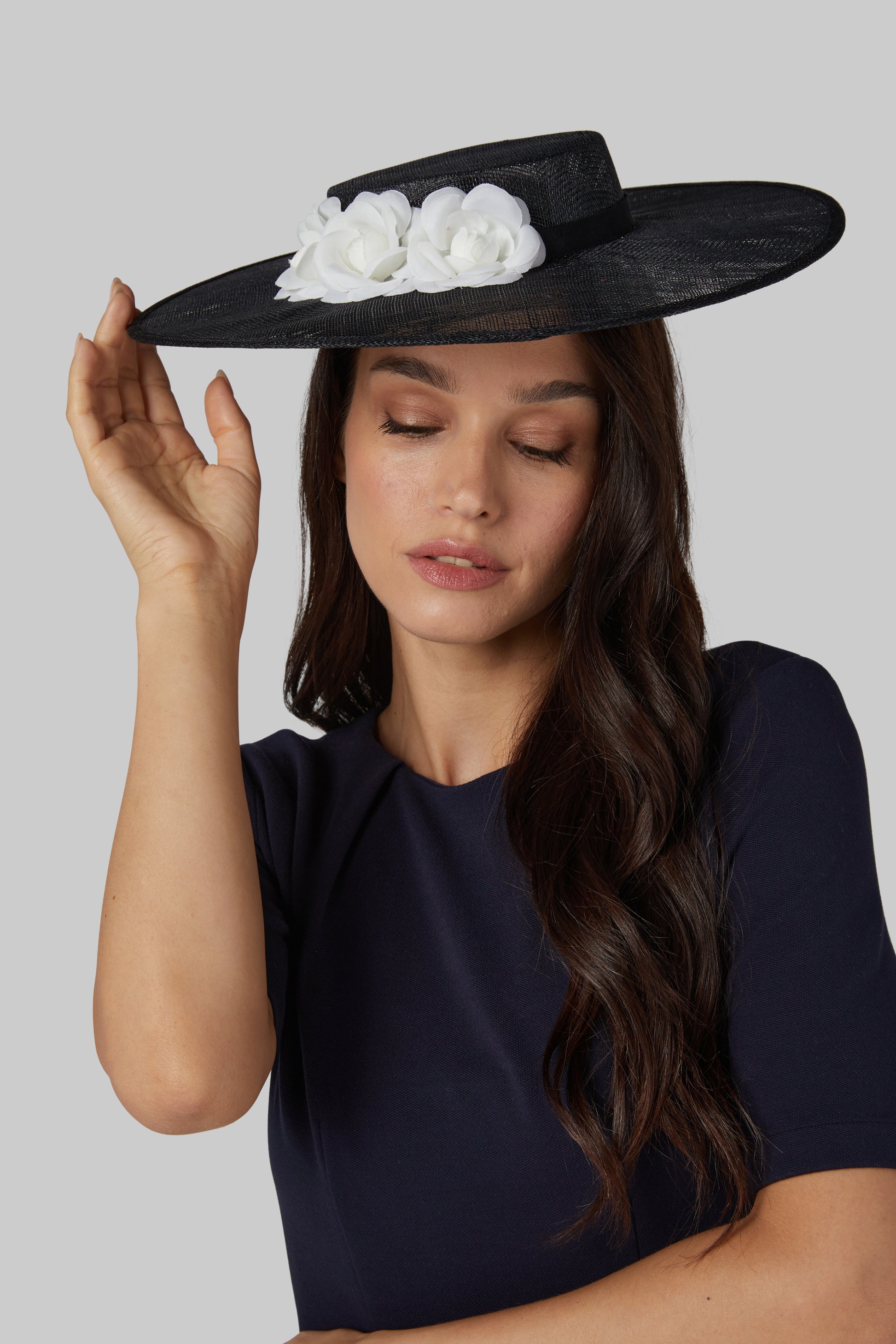 Wide Brim Flat Top Sinamay Boater Hat with White Camellia Rose Flowers and Fitted Elastic