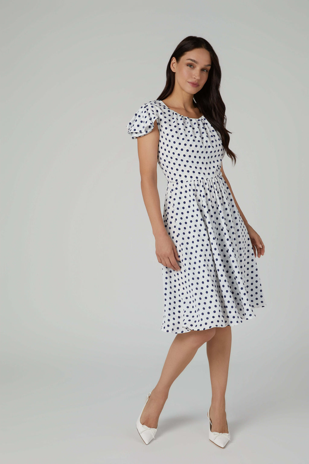 Navy & White Polka Dot Fit and Flare Dress with Flared Cap Sleeves - Crepe de Chine 