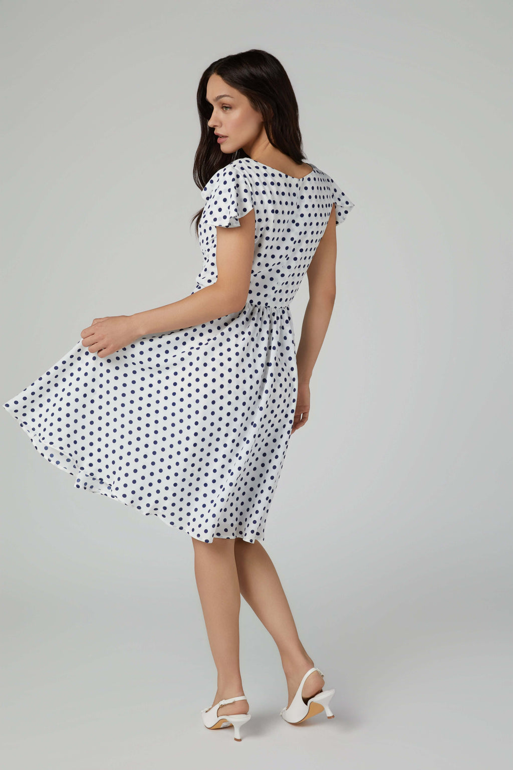 Navy & White Polka Dot Fit and Flare Dress with Flared Cap Sleeves - Crepe de Chine 
