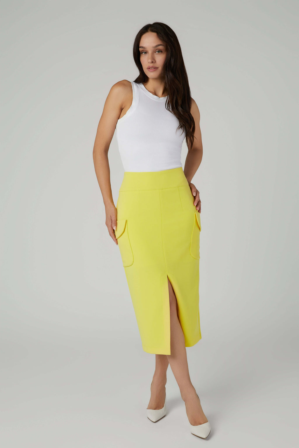 Tailored Yellow Midi Pencil Skirt – Front Slit & Statement Side Patch Pockets (Lined)