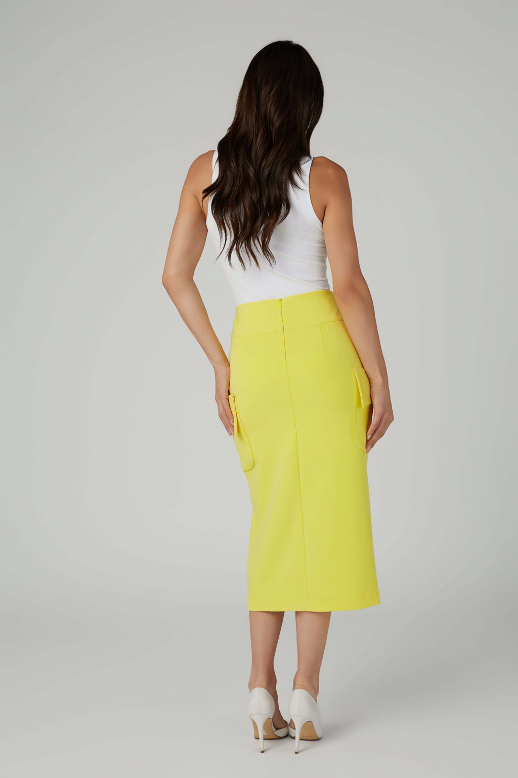 Tailored Yellow Midi Pencil Skirt – Front Slit & Statement Side Patch Pockets (Lined)