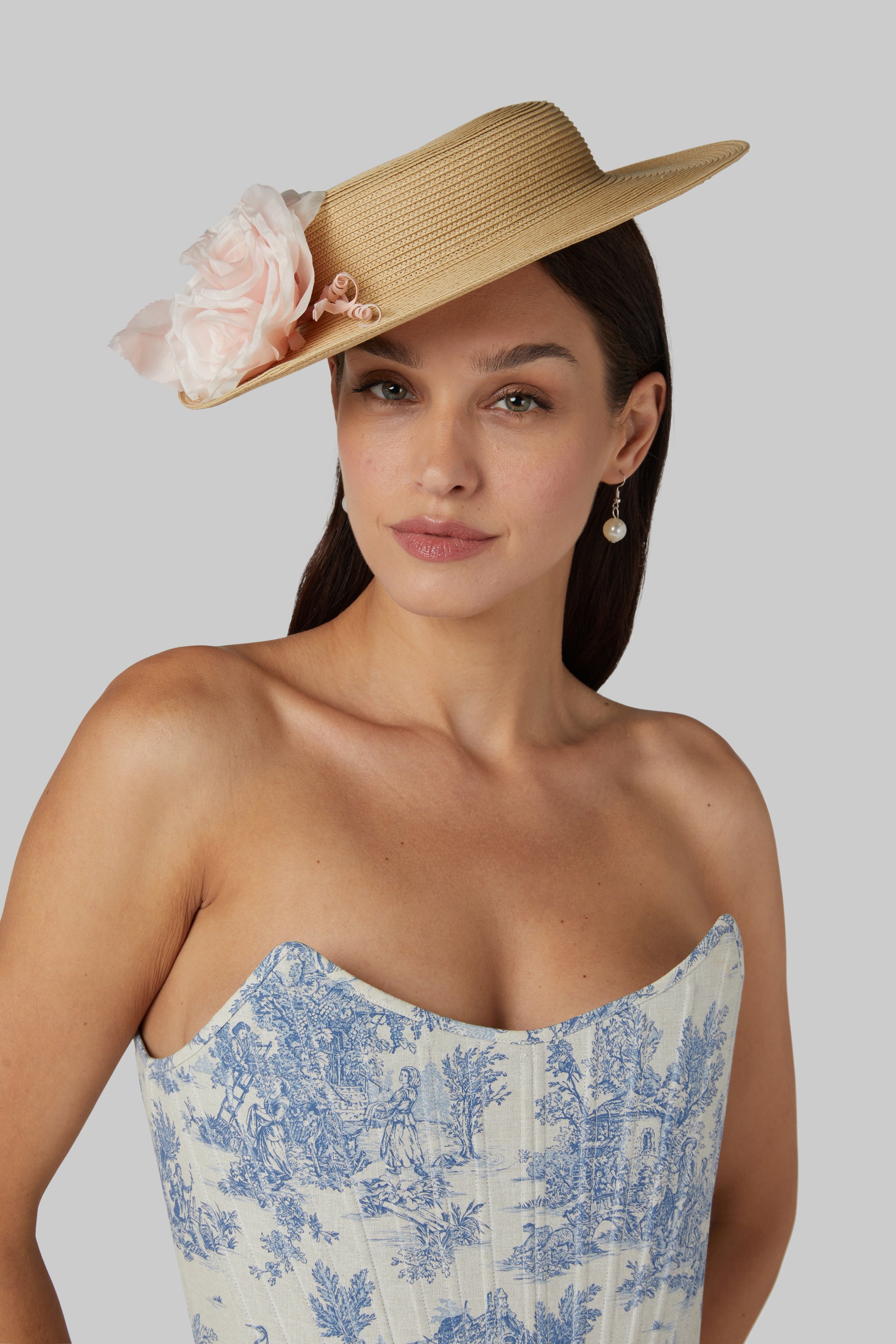 Small Brim Boater Hat with Triple Silk Flower and Fitted Elastic