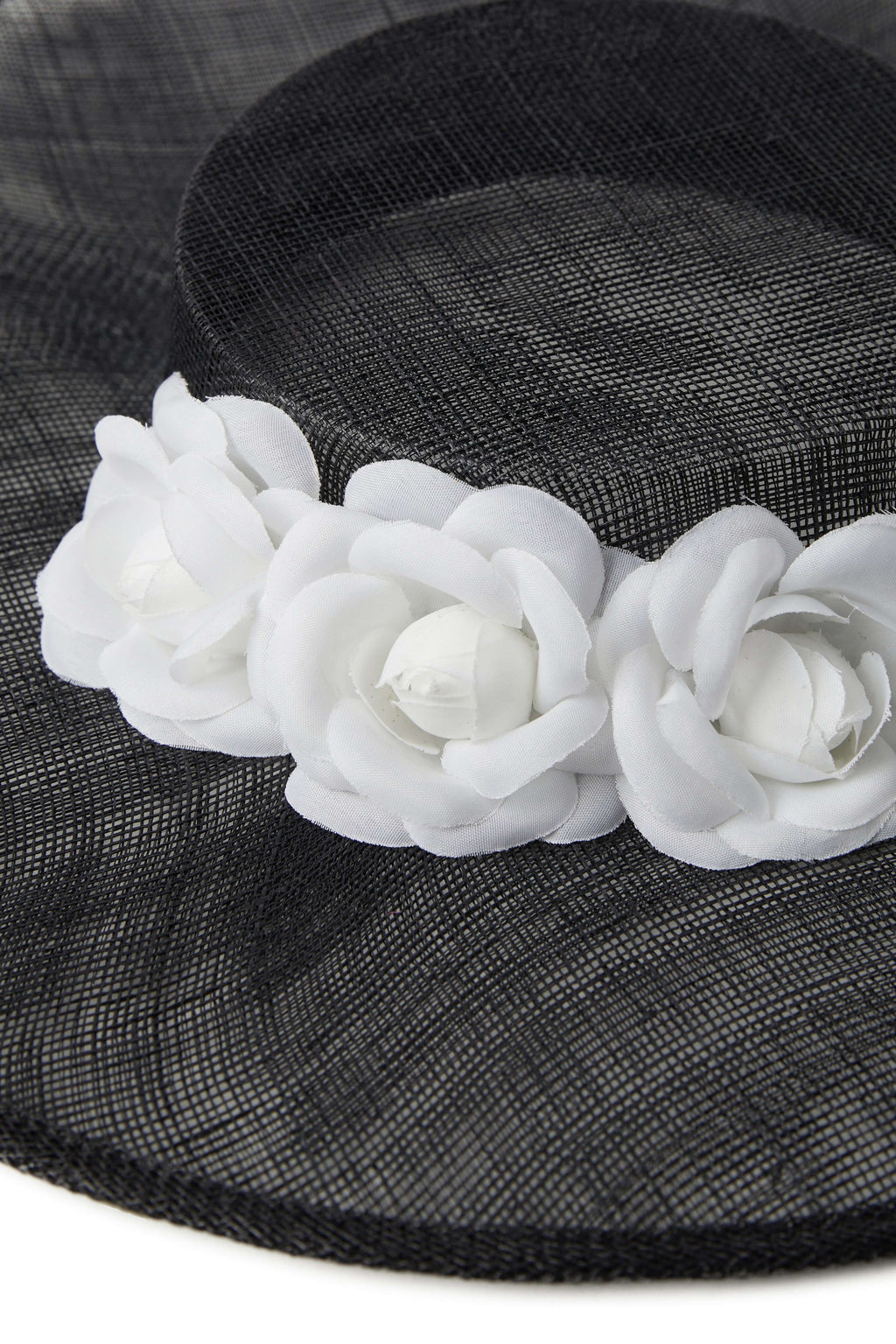 Wide Brim Flat Top Sinamay Boater Hat with White Camellia Rose Flowers and Fitted Elastic