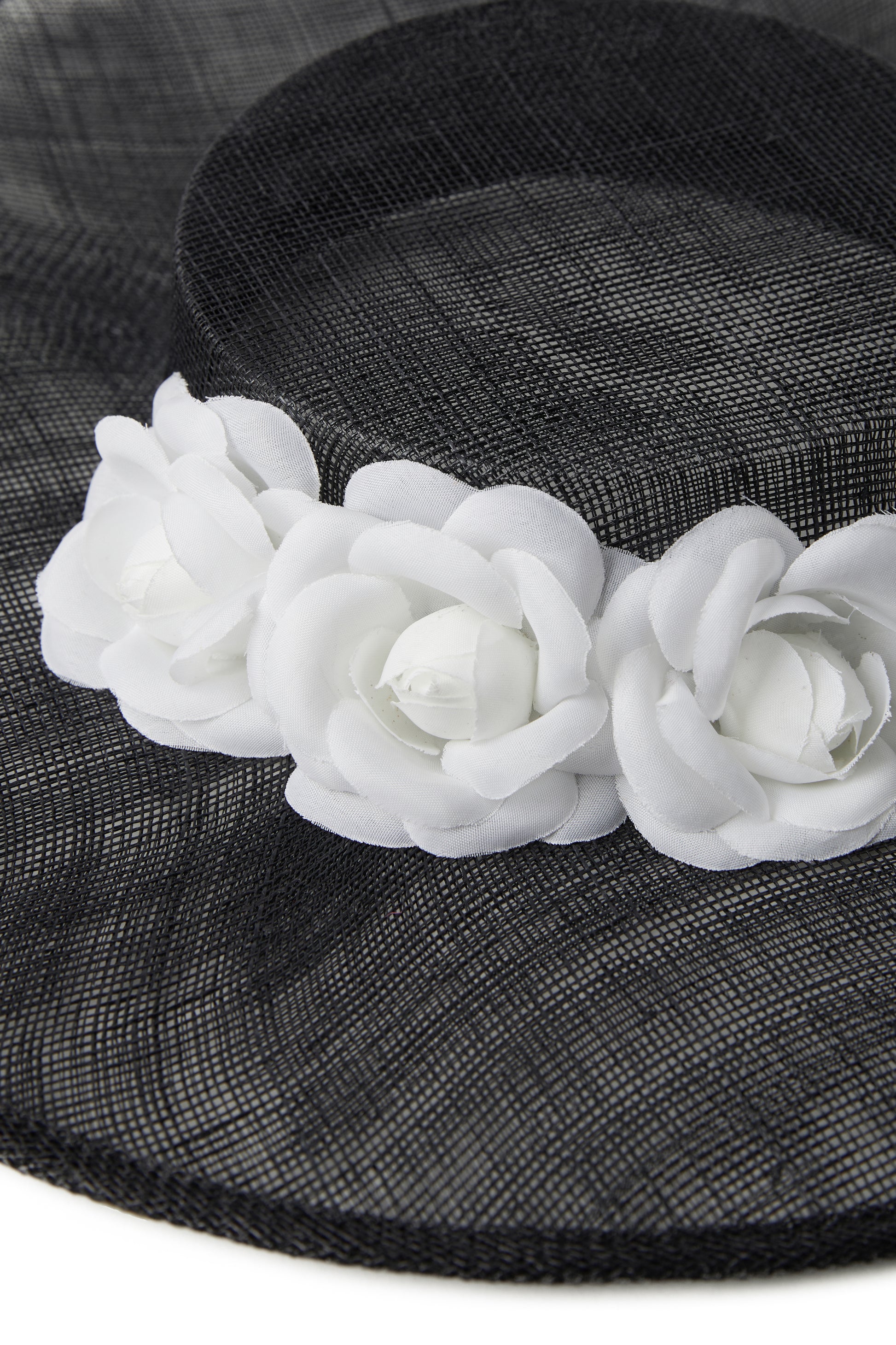 Wide Brim Flat Top Sinamay Boater Hat with White Camellia Rose Flowers and Fitted Elastic