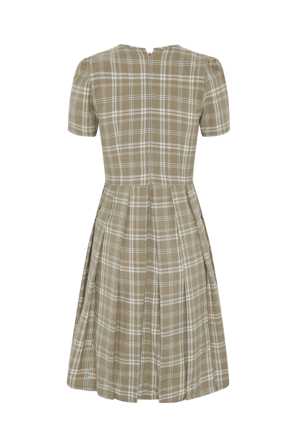 Brown Check Dress – Pleated Neckline Full Pleated Skirt