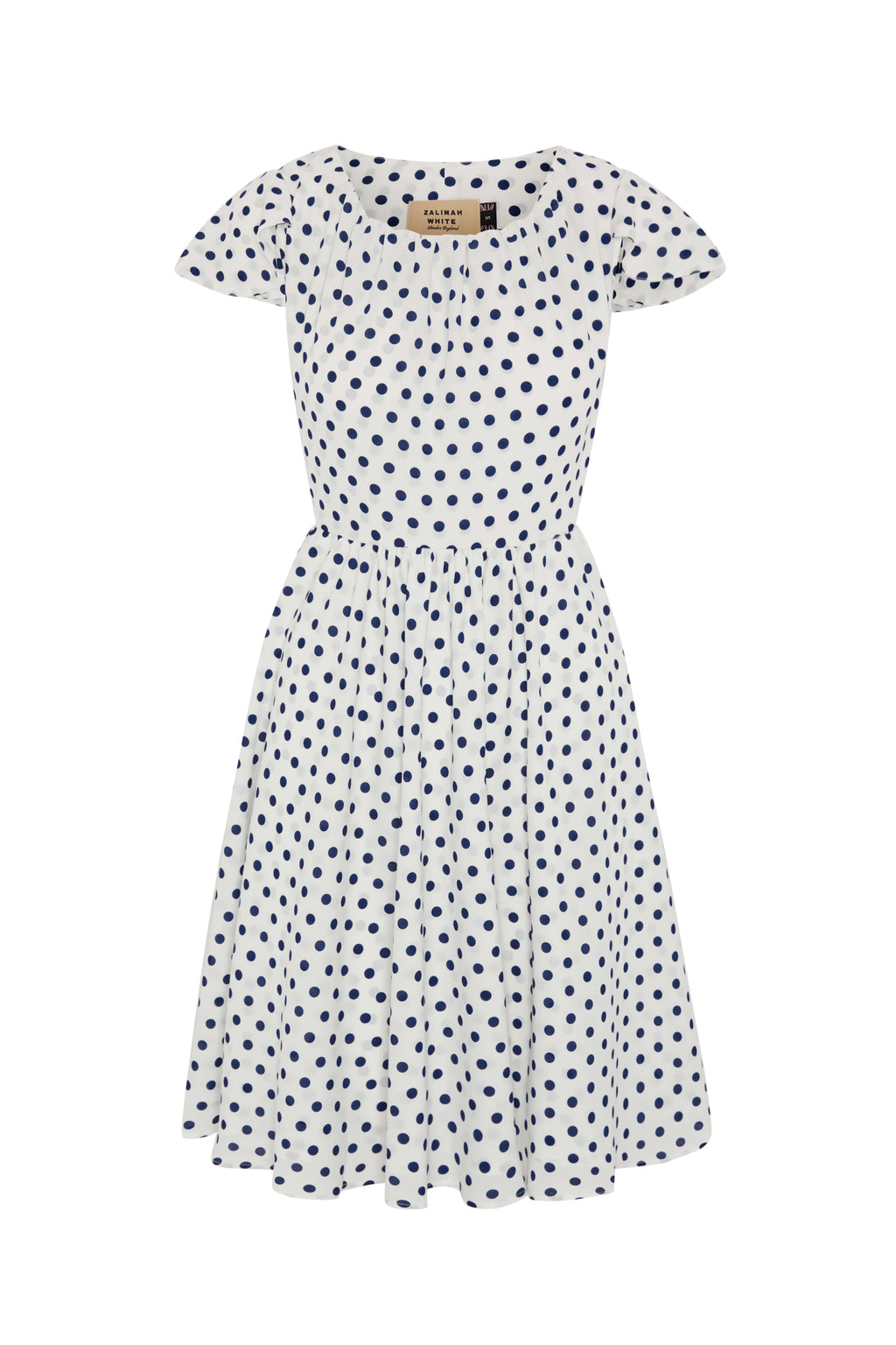 Navy & White Polka Dot Fit and Flare Dress with Flared Cap Sleeves - Crepe de Chine 